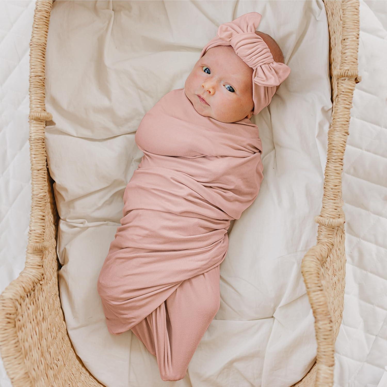 imageKonssy Baby Girl Newborn Receiving Blanket with Headband Set Baby Swaddle Nursery Swaddle WrapMillenial Pink