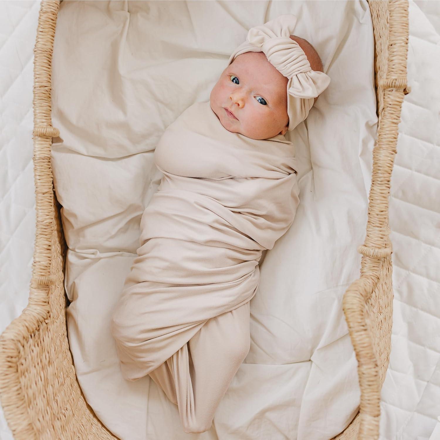 imageKonssy Baby Girl Newborn Receiving Blanket with Headband Set Baby Swaddle Nursery Swaddle WrapOat