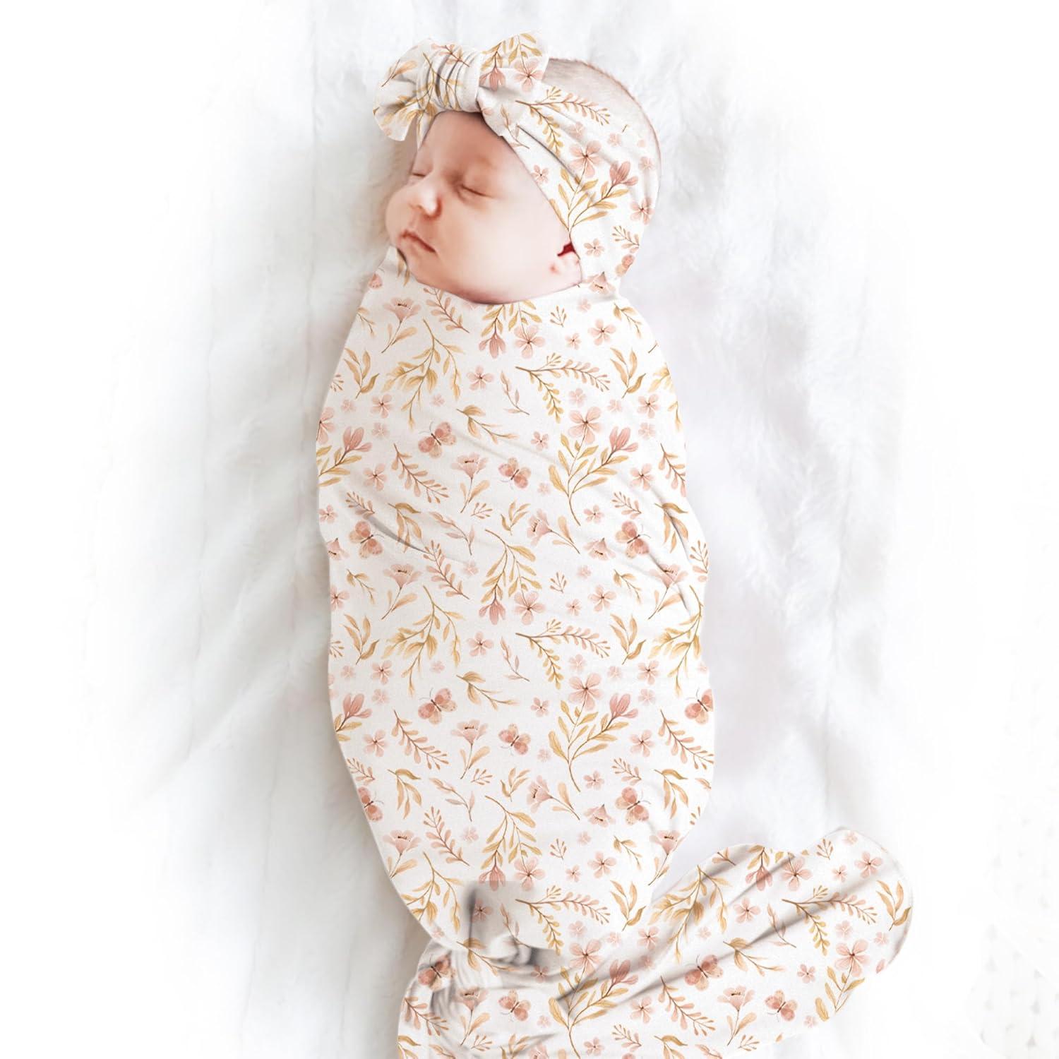 imageKonssy Baby Girl Newborn Receiving Blanket with Headband Set Baby Swaddle Nursery Swaddle WrapPink Spring