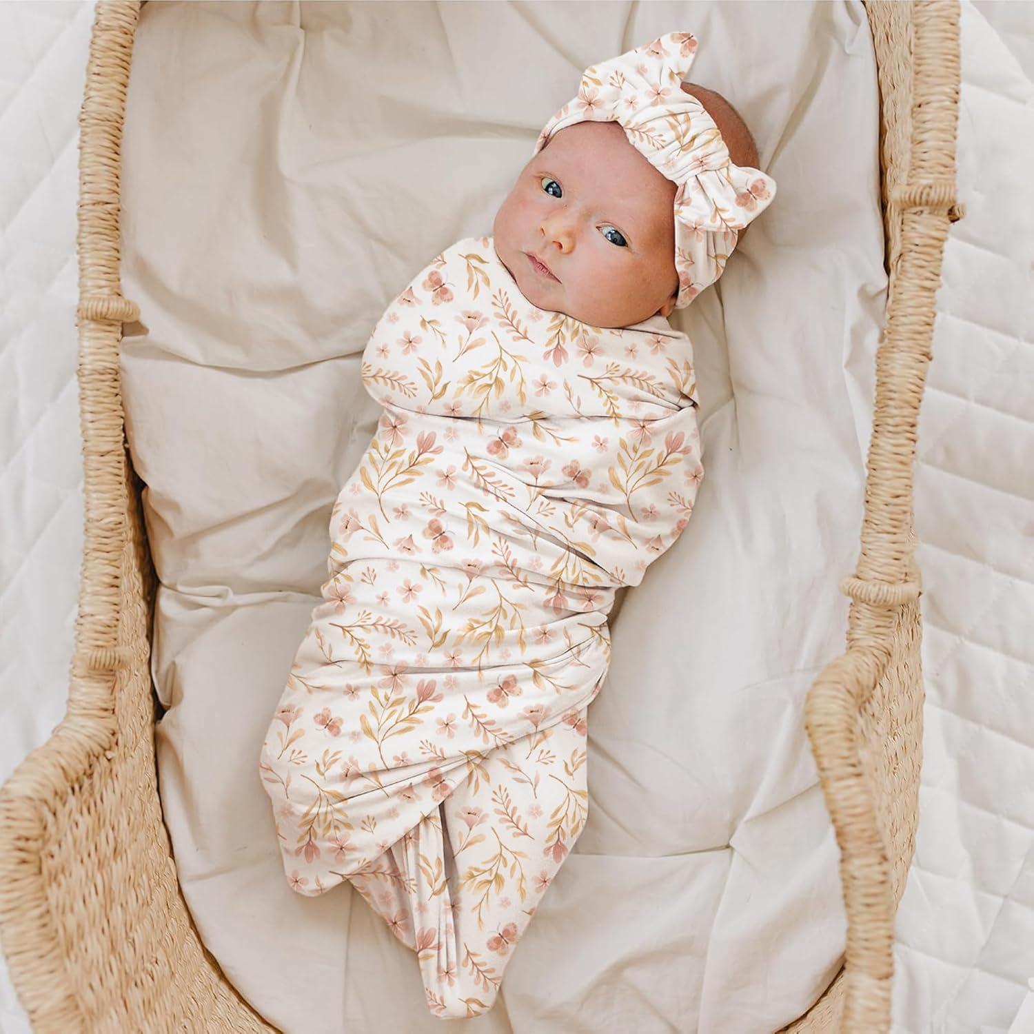 imageKonssy Baby Girl Newborn Receiving Blanket with Headband Set Baby Swaddle Nursery Swaddle WrapPink Spring