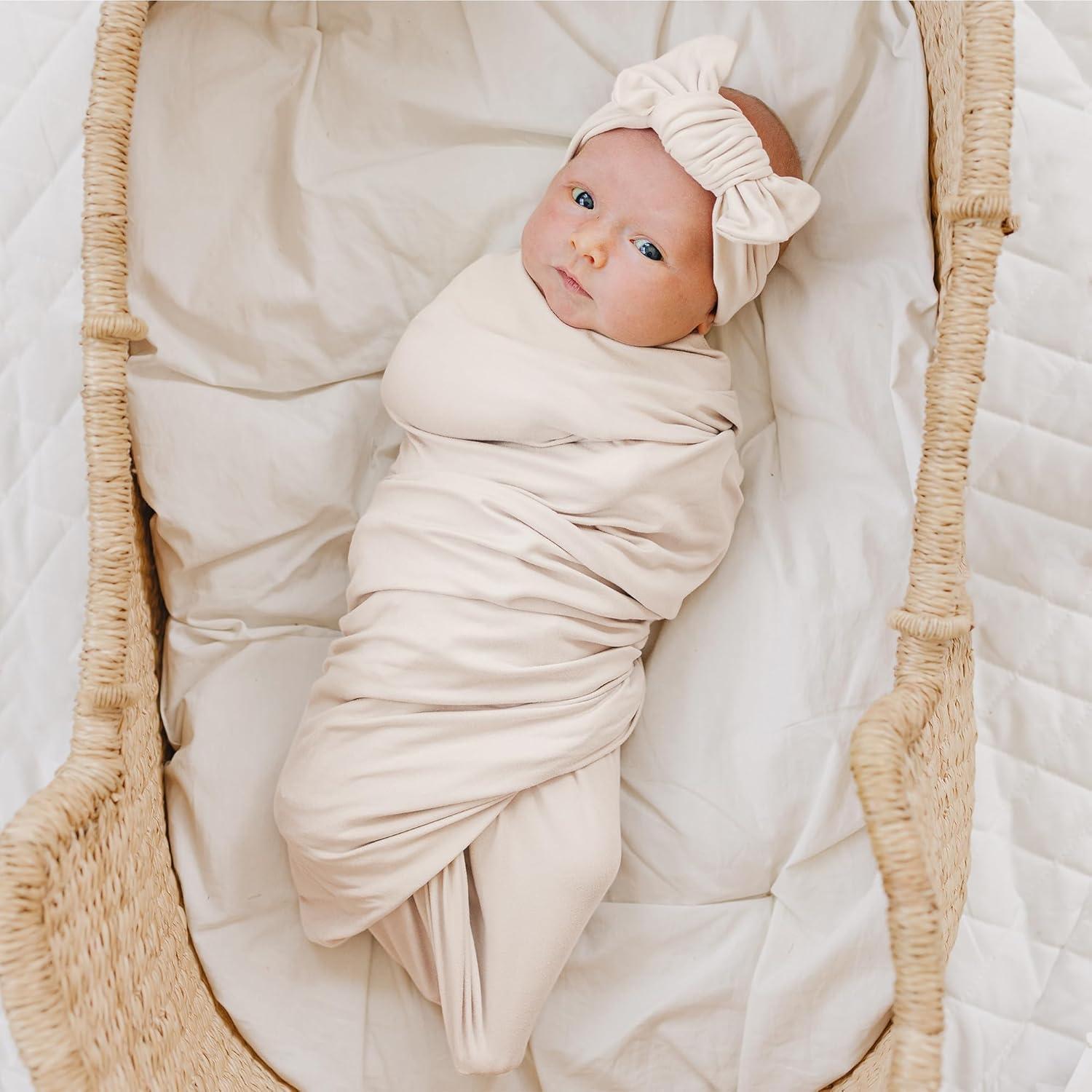 imageKonssy Baby Girl Newborn Receiving Blanket with Matching Headband and Beanie Set Baby Swaddle Nursery Swaddle WrapBeige