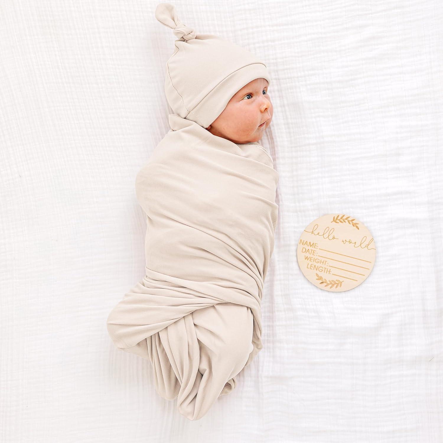 imageKonssy Baby Girl Newborn Receiving Blanket with Matching Headband and Beanie Set Baby Swaddle Nursery Swaddle WrapBeige