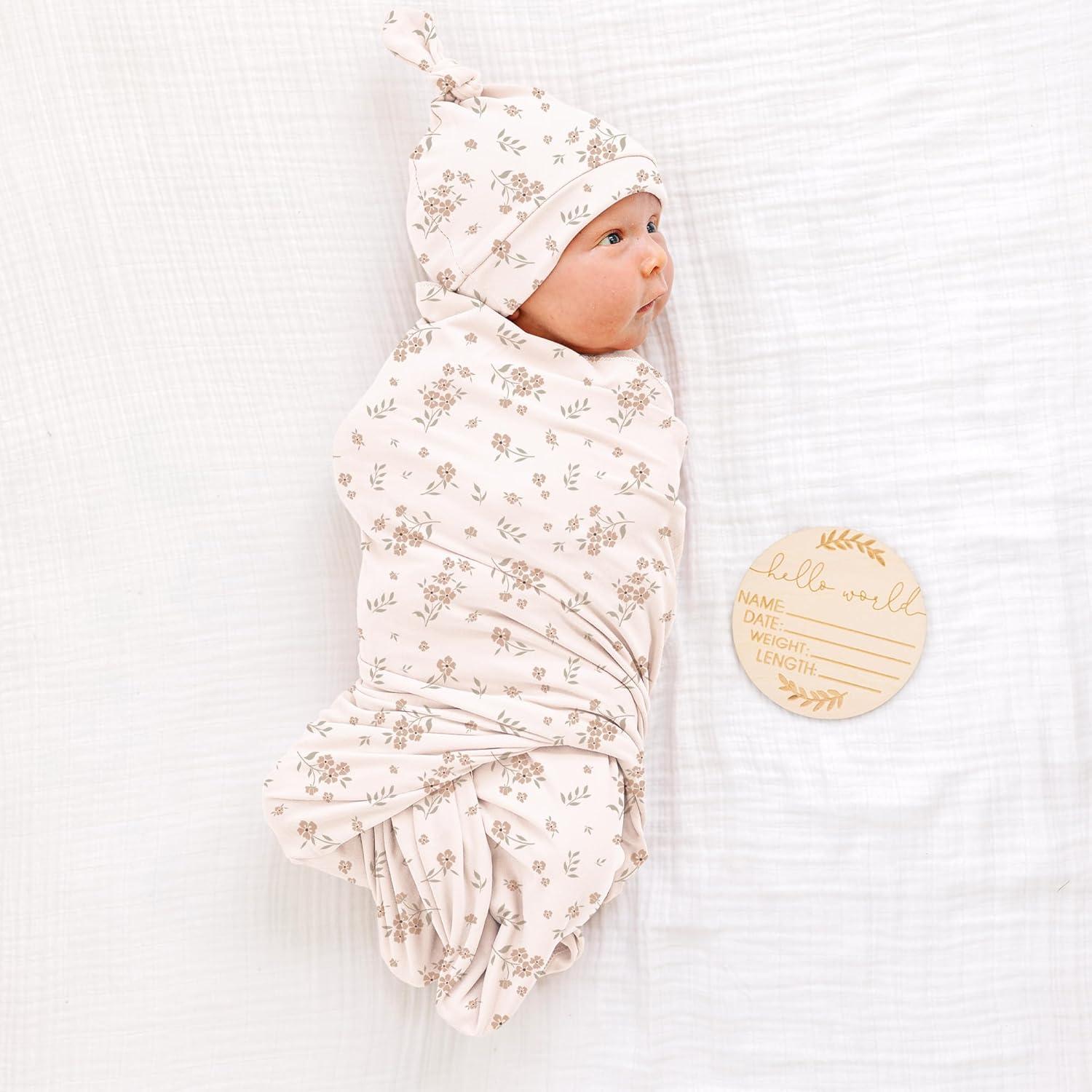 imageKonssy Baby Girl Newborn Receiving Blanket with Matching Headband and Beanie Set Baby Swaddle Nursery Swaddle WrapBlossom