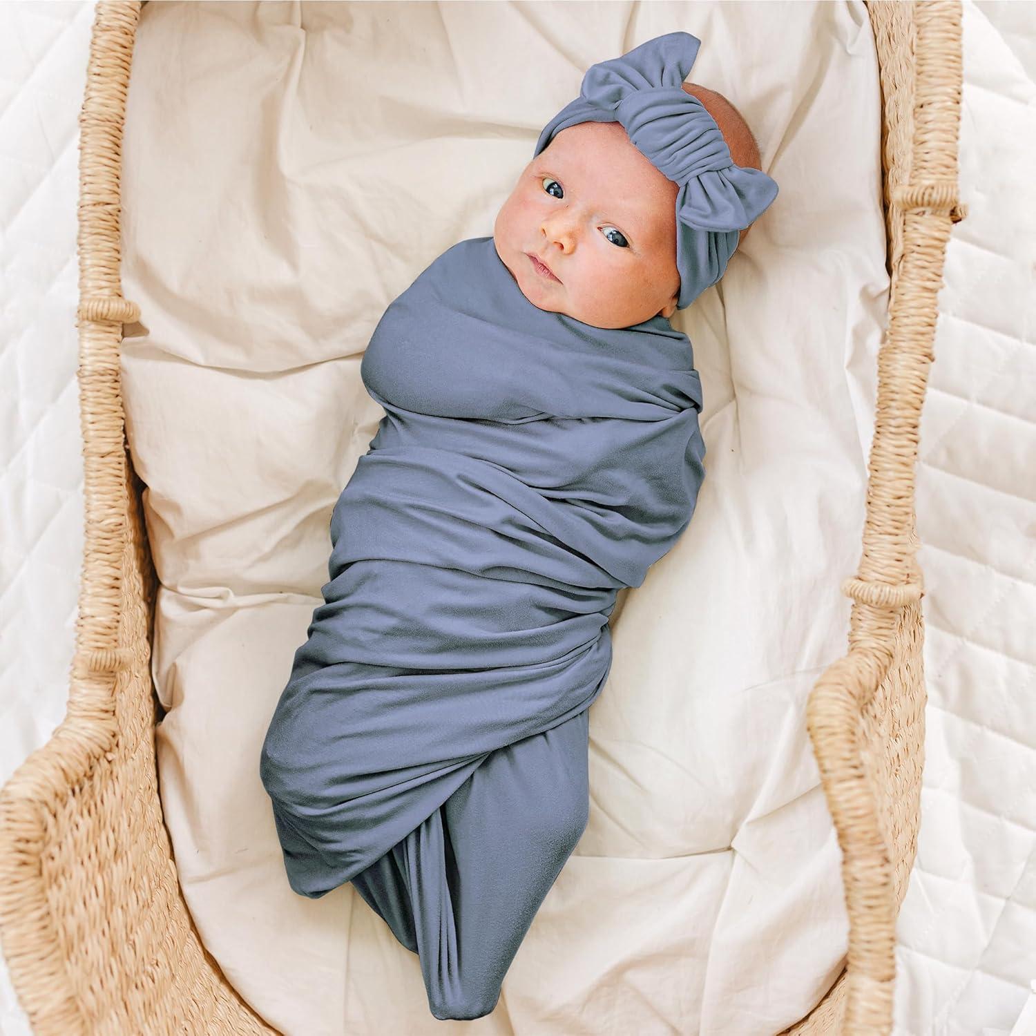 imageKonssy Baby Girl Newborn Receiving Blanket with Matching Headband and Beanie Set Baby Swaddle Nursery Swaddle WrapBlue