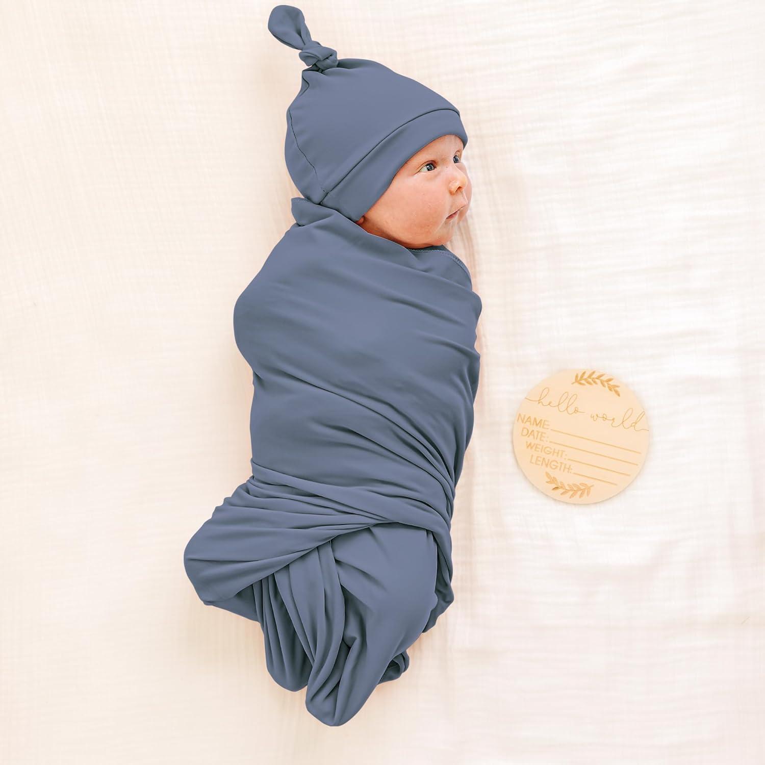 imageKonssy Baby Girl Newborn Receiving Blanket with Matching Headband and Beanie Set Baby Swaddle Nursery Swaddle WrapBlue
