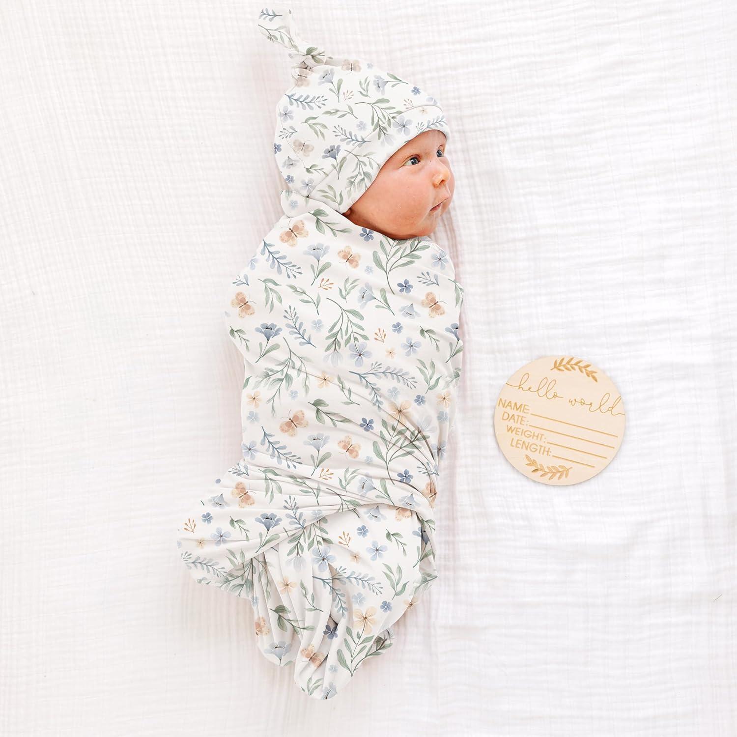 imageKonssy Baby Girl Newborn Receiving Blanket with Matching Headband and Beanie Set Baby Swaddle Nursery Swaddle WrapBlue Grass