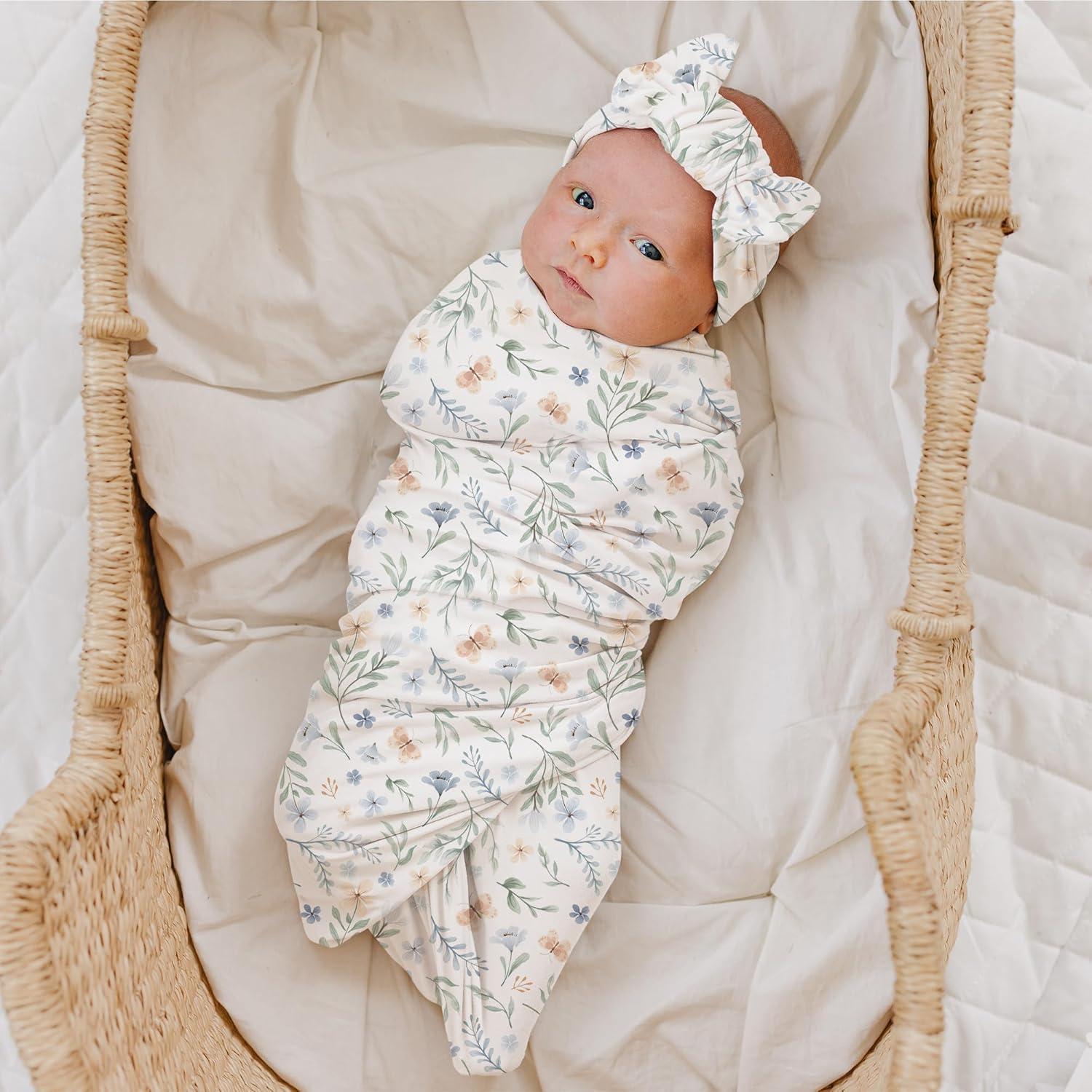 imageKonssy Baby Girl Newborn Receiving Blanket with Matching Headband and Beanie Set Baby Swaddle Nursery Swaddle WrapBlue Grass