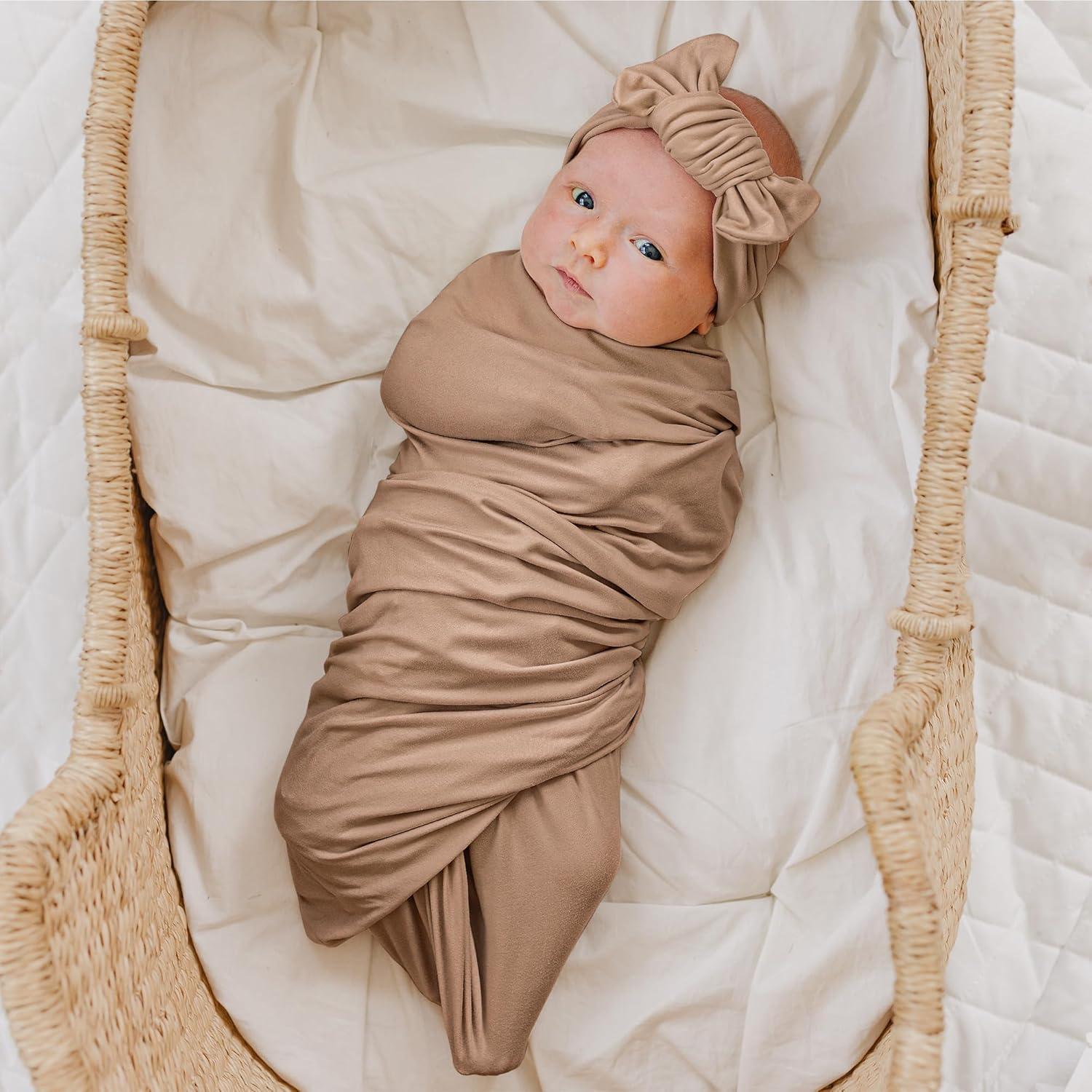 imageKonssy Baby Girl Newborn Receiving Blanket with Matching Headband and Beanie Set Baby Swaddle Nursery Swaddle WrapBrown