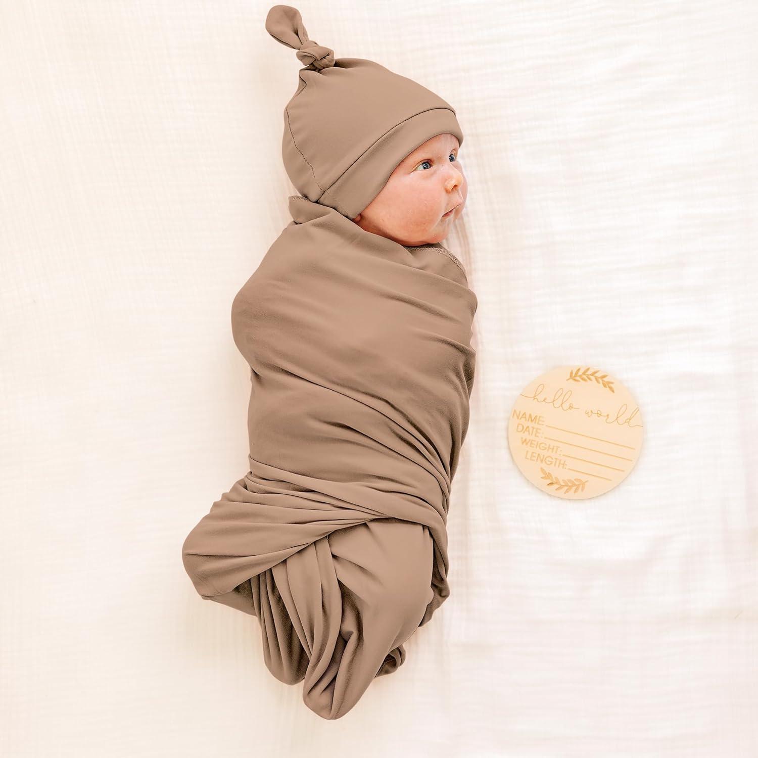 imageKonssy Baby Girl Newborn Receiving Blanket with Matching Headband and Beanie Set Baby Swaddle Nursery Swaddle WrapBrown