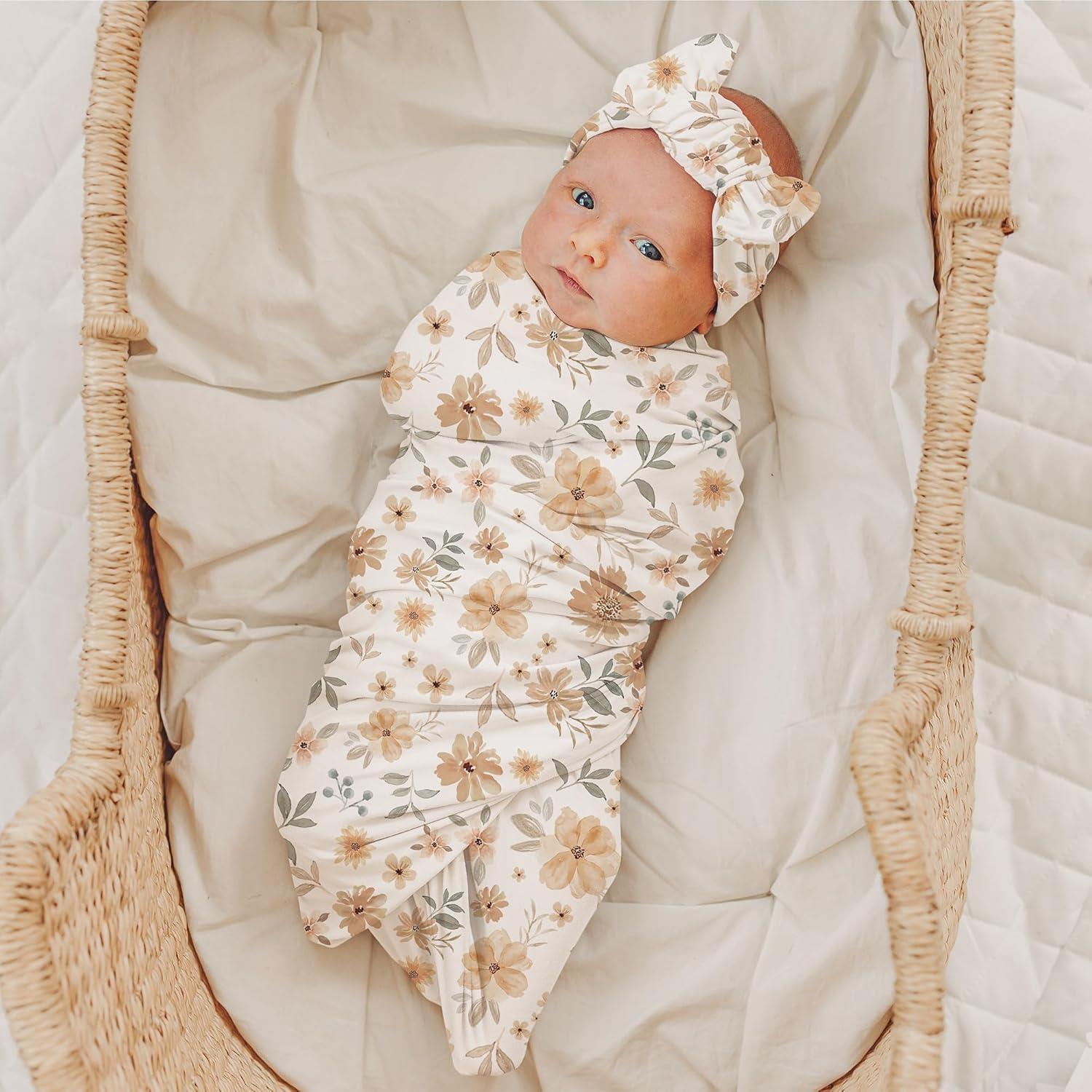imageKonssy Baby Girl Newborn Receiving Blanket with Matching Headband and Beanie Set Baby Swaddle Nursery Swaddle WrapFloral