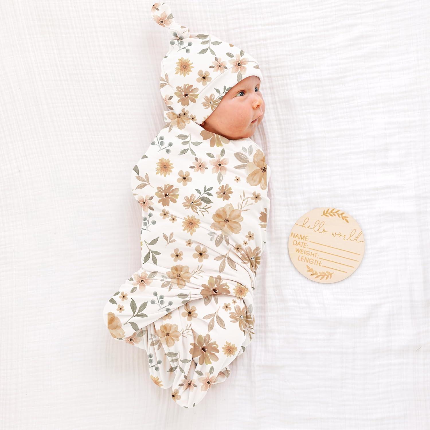 imageKonssy Baby Girl Newborn Receiving Blanket with Matching Headband and Beanie Set Baby Swaddle Nursery Swaddle WrapFloral
