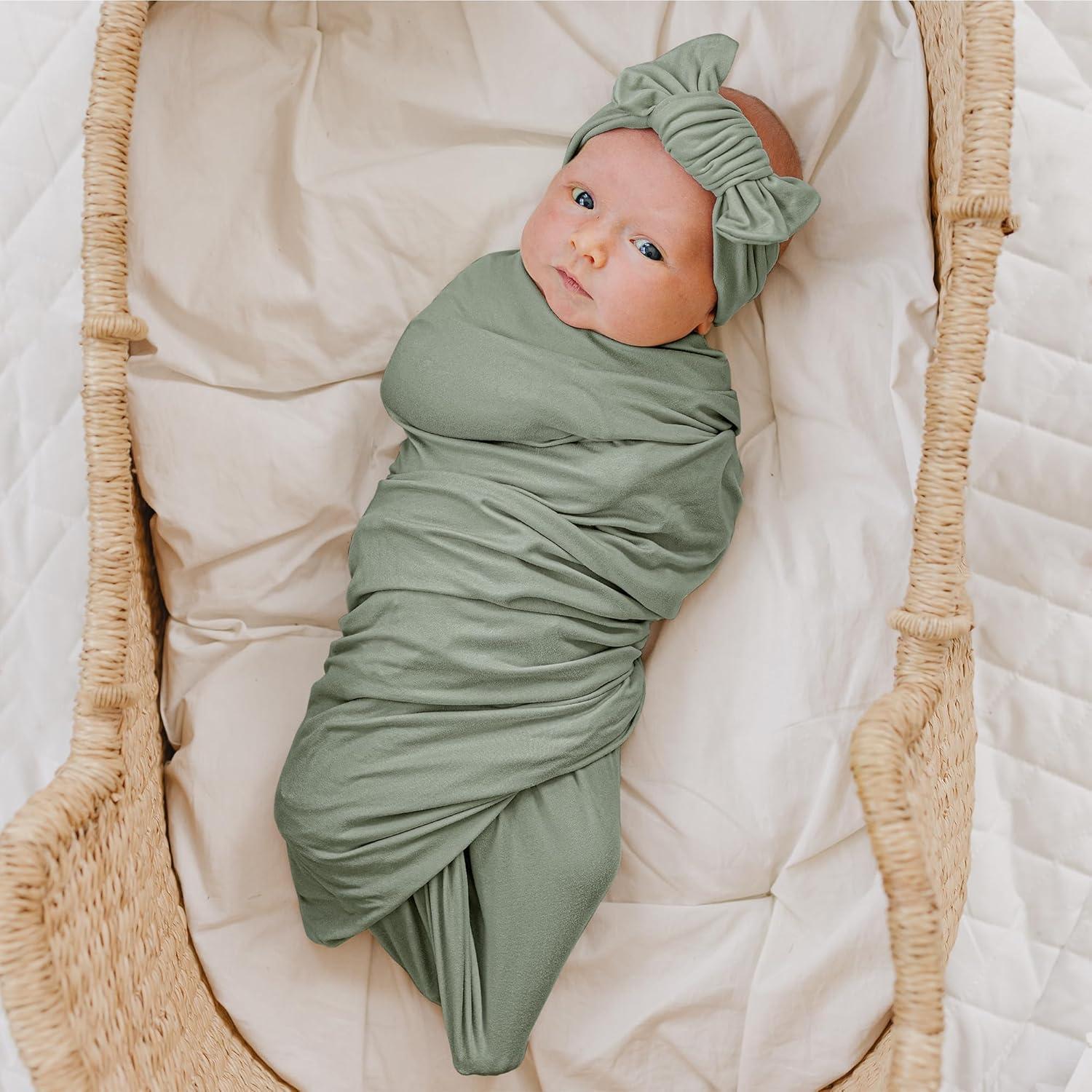 imageKonssy Baby Girl Newborn Receiving Blanket with Matching Headband and Beanie Set Baby Swaddle Nursery Swaddle WrapFog Green