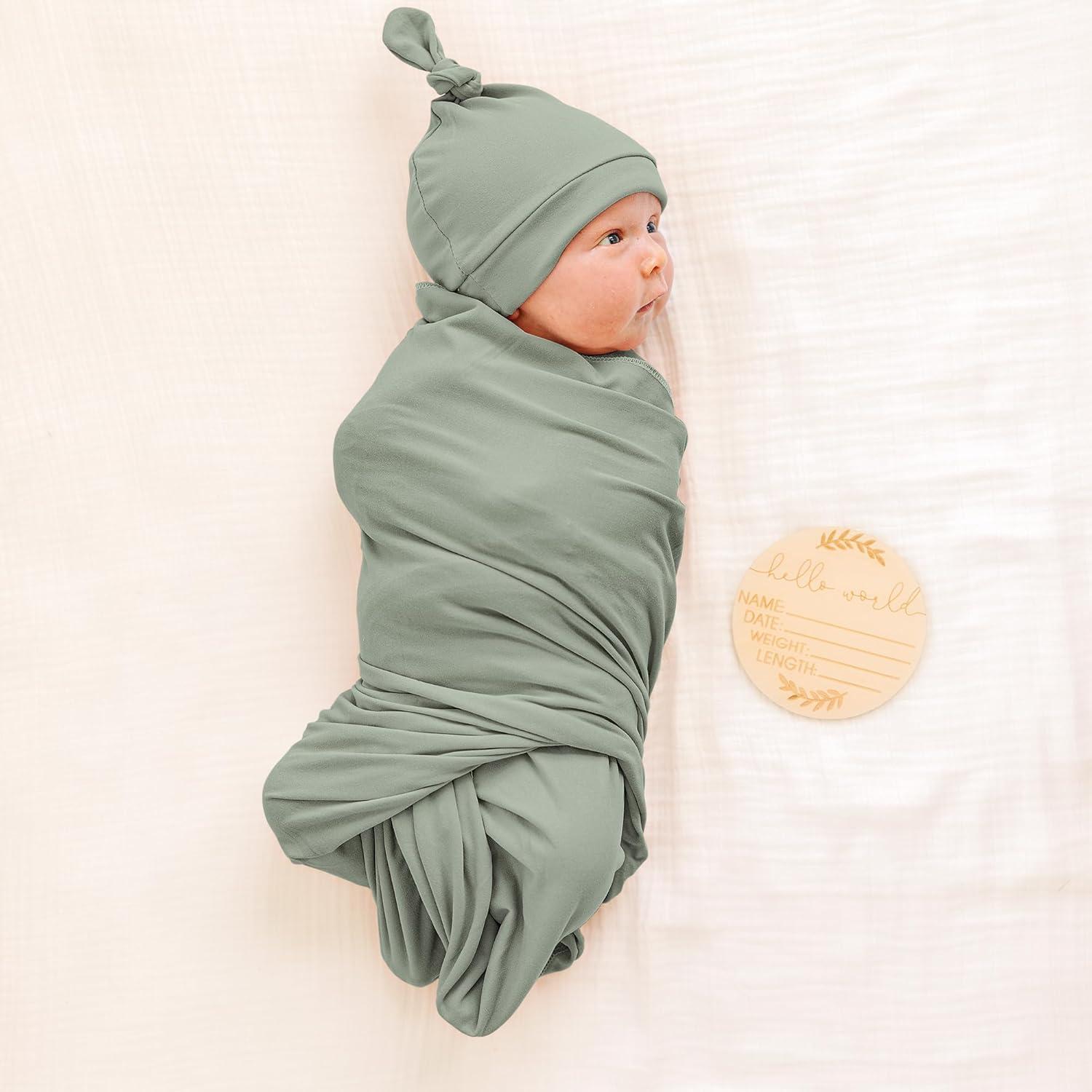 imageKonssy Baby Girl Newborn Receiving Blanket with Matching Headband and Beanie Set Baby Swaddle Nursery Swaddle WrapFog Green