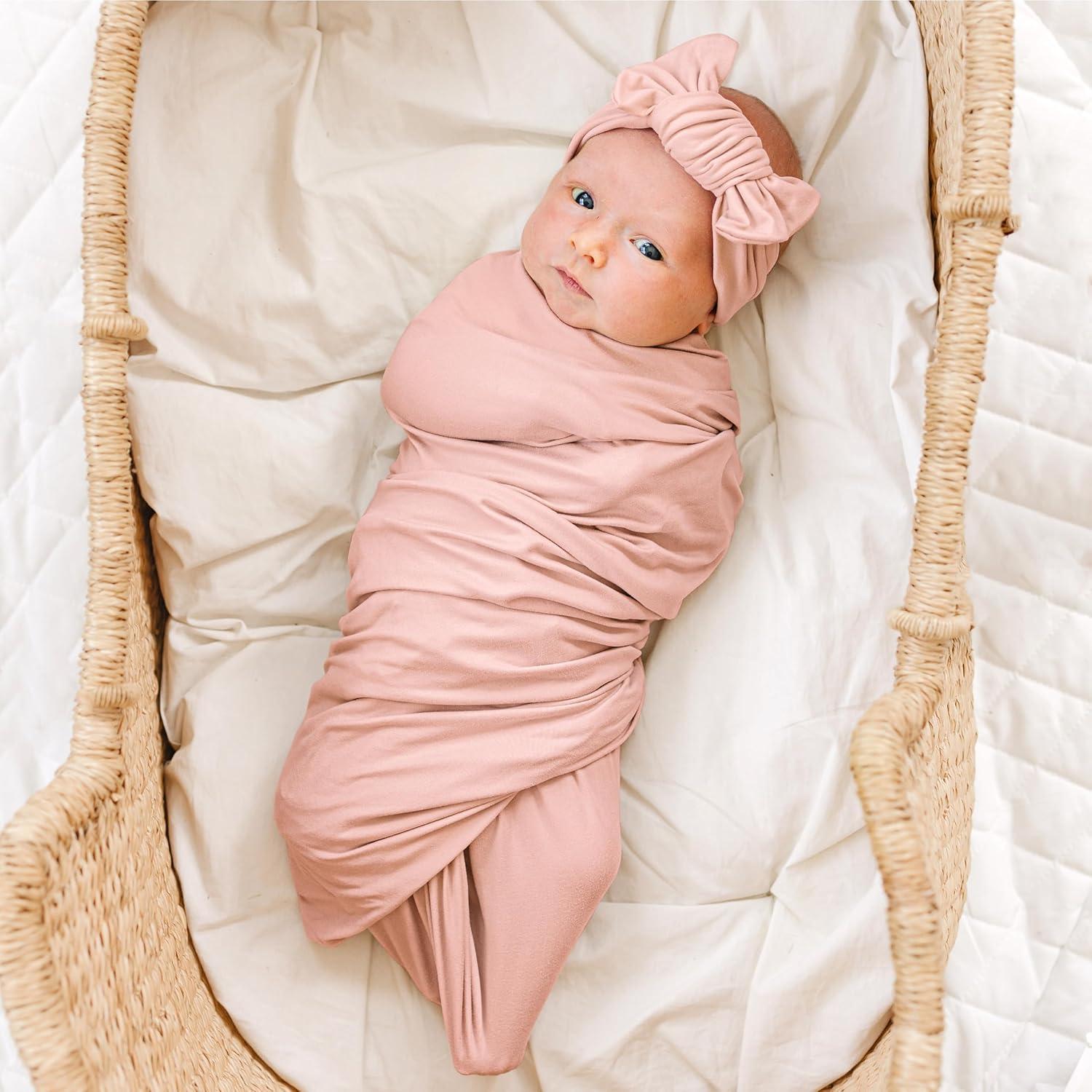 imageKonssy Baby Girl Newborn Receiving Blanket with Matching Headband and Beanie Set Baby Swaddle Nursery Swaddle WrapMillenial Pink