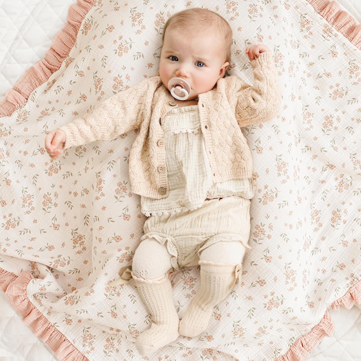 imageKonssy Flounce Muslin Baby Blankets Cotton Crib Blanket for Baby Infant Toddler Super Soft and Lightweight Nursery Blankets 40quotx36quot BlossomBlossom