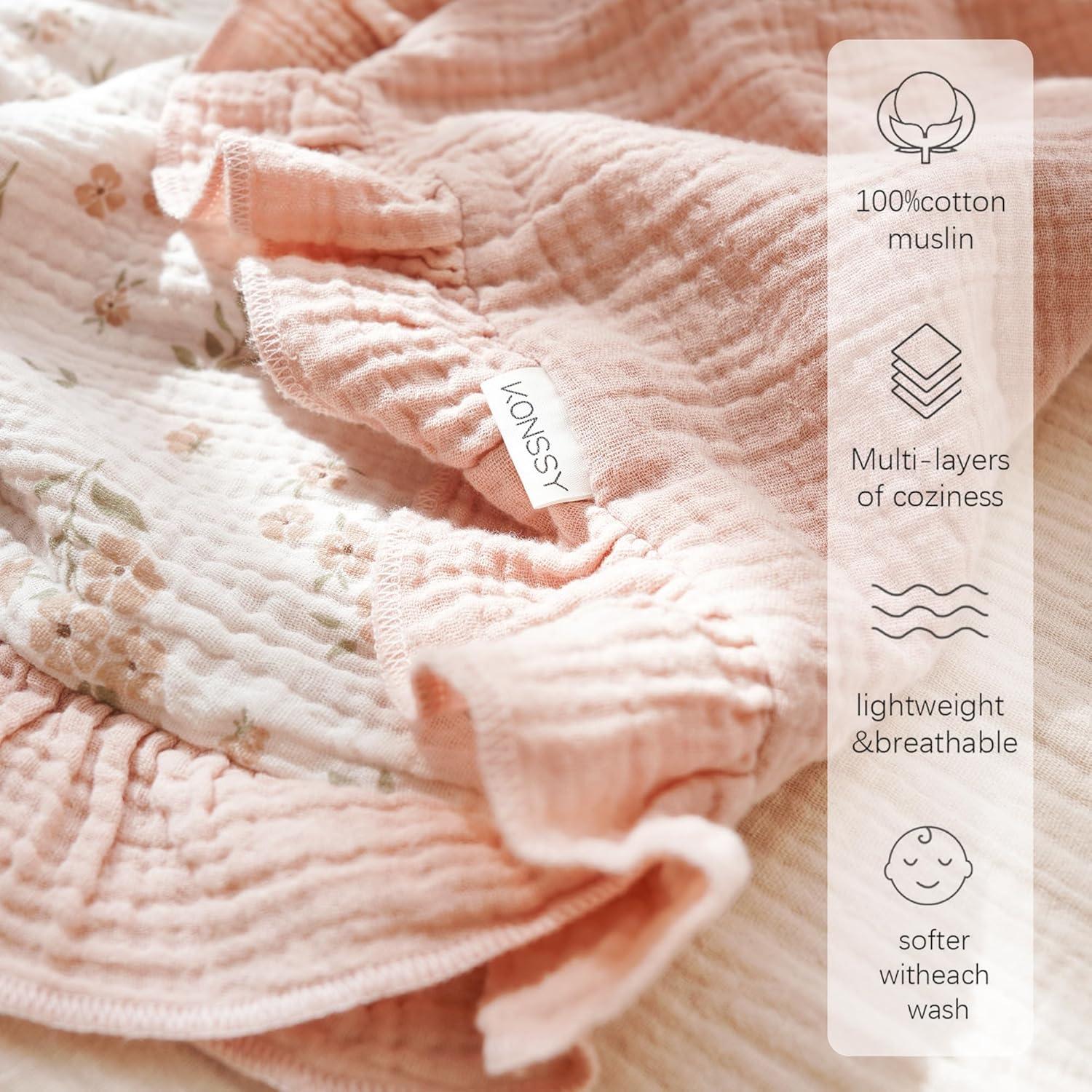 imageKonssy Flounce Muslin Baby Blankets Cotton Crib Blanket for Baby Infant Toddler Super Soft and Lightweight Nursery Blankets 40quotx36quot BlossomBlossom