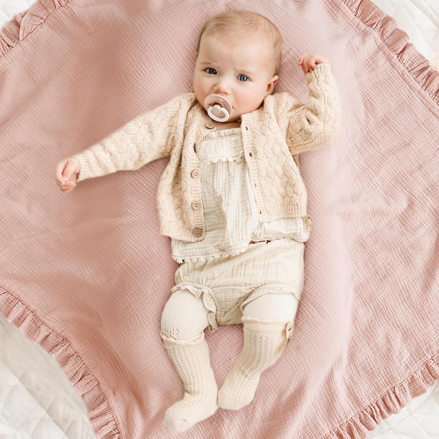 imageKonssy Flounce Muslin Baby Blankets Cotton Crib Blanket for Baby Infant Toddler Super Soft and Lightweight Nursery Blankets 40quotx36quot BlossomPink