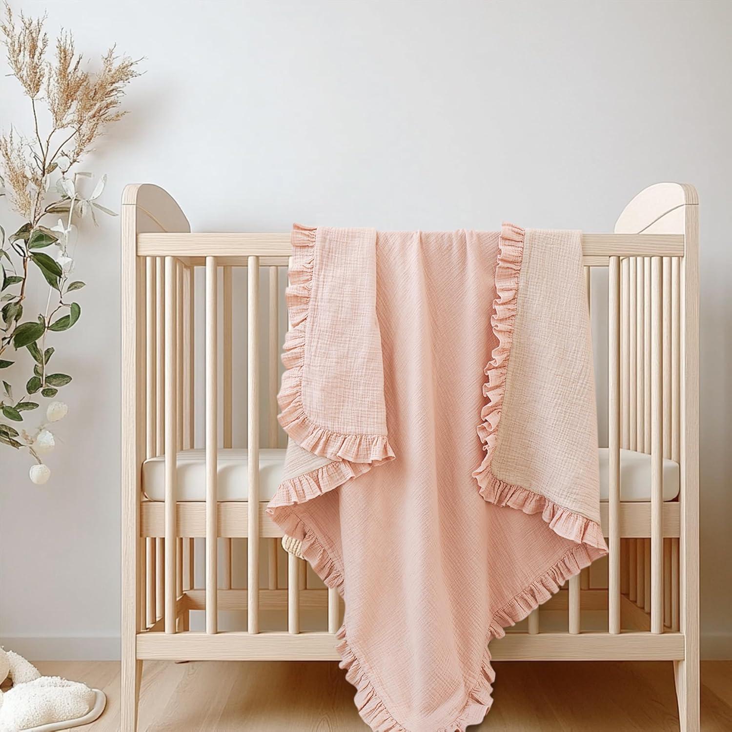 imageKonssy Flounce Muslin Baby Blankets Cotton Crib Blanket for Baby Infant Toddler Super Soft and Lightweight Nursery Blankets 40quotx36quot BlossomPink