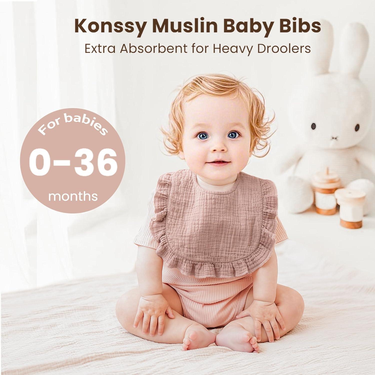 imageKonssy Muslin Baby Bibs for Girls  Soft 100 Cotton Drool Bibs Ruffle Trim for Newborns ampamp Toddlers 036 Months 3Pack