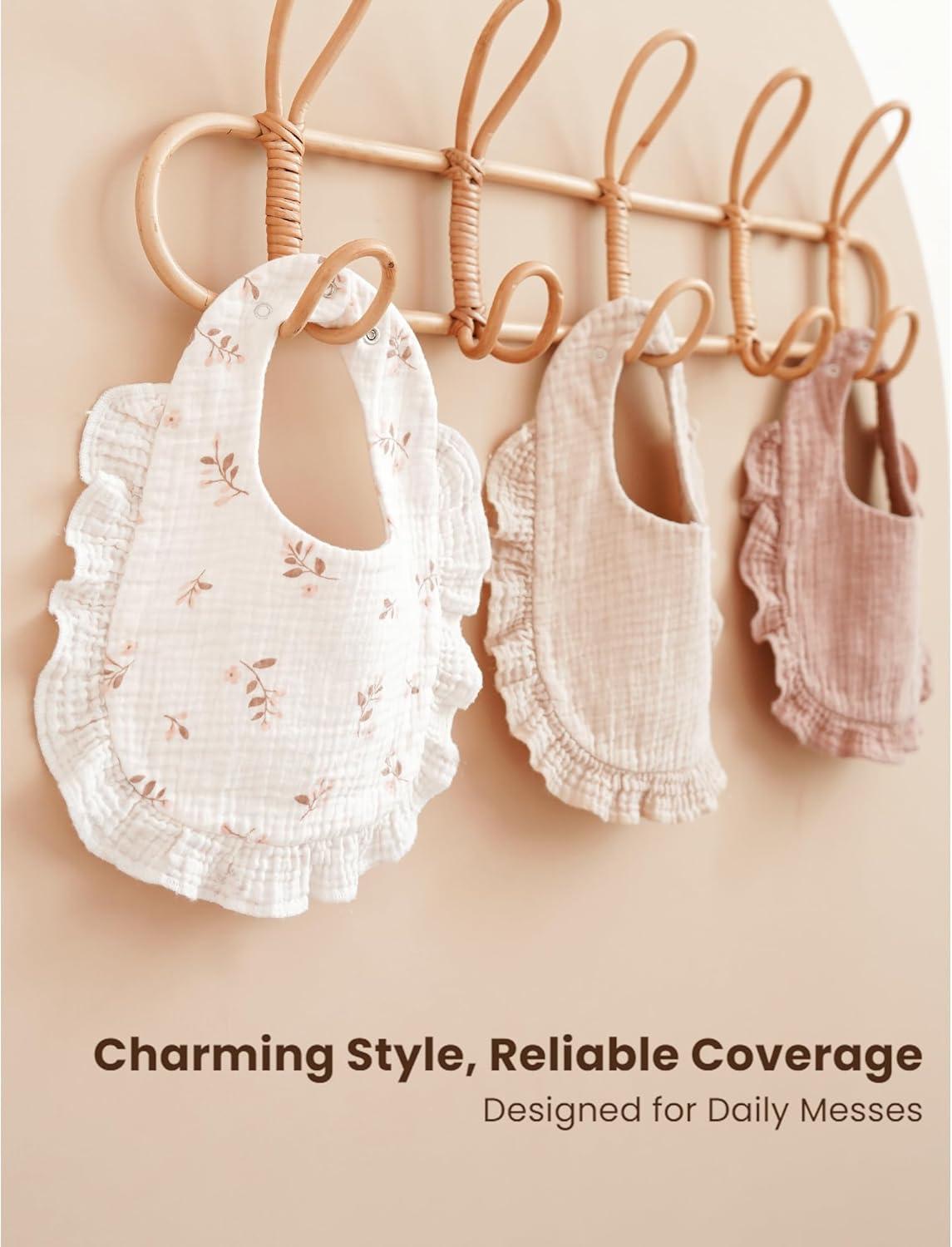 imageKonssy Muslin Baby Bibs for Girls  Soft 100 Cotton Drool Bibs Ruffle Trim for Newborns ampamp Toddlers 036 Months 3Pack