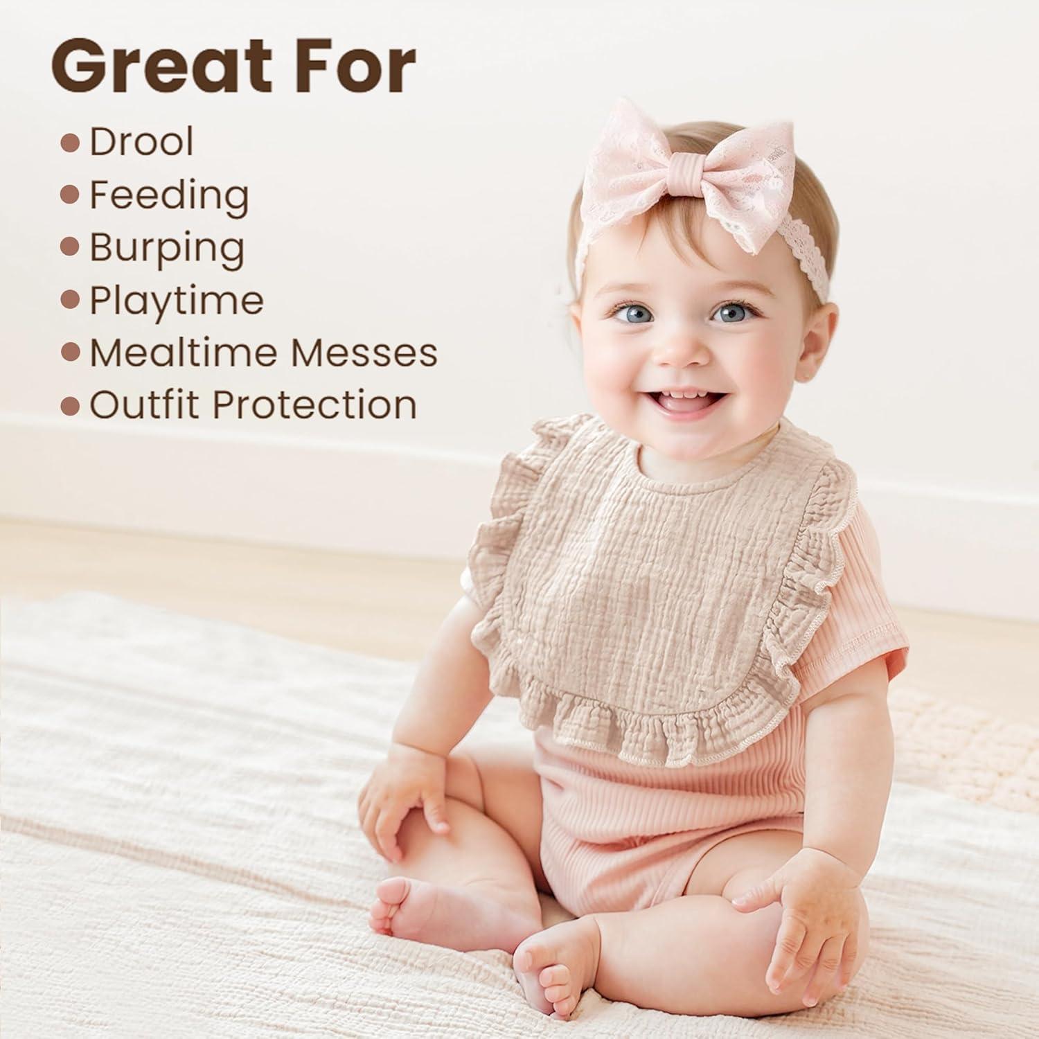 imageKonssy Muslin Baby Bibs for Girls  Soft 100 Cotton Drool Bibs Ruffle Trim for Newborns ampamp Toddlers 036 Months 3Pack