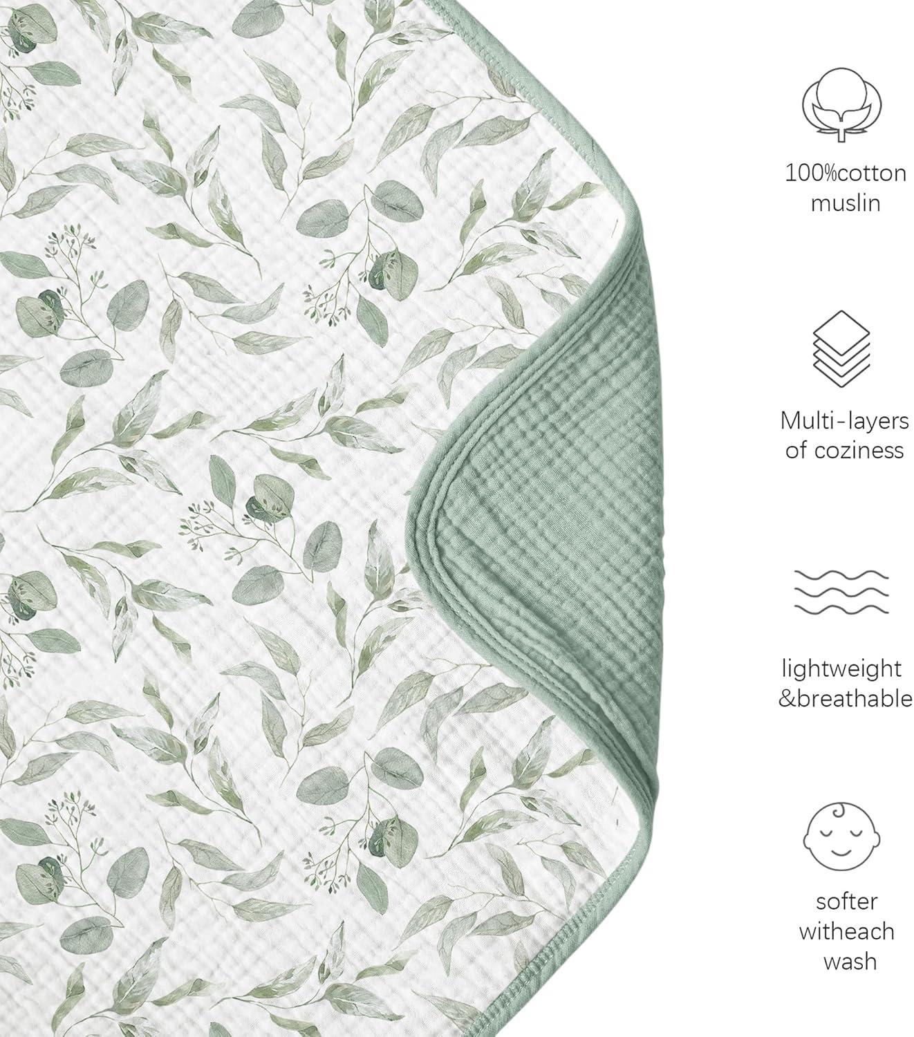 imageKonssy Muslin Baby Blankets for Girls Boys 100 Cotton Crib Blanket for Infant Toddler Super Soft and Lightweight Nursery Swaddling Wrap 40quotx36quot FloralGreen Leaves