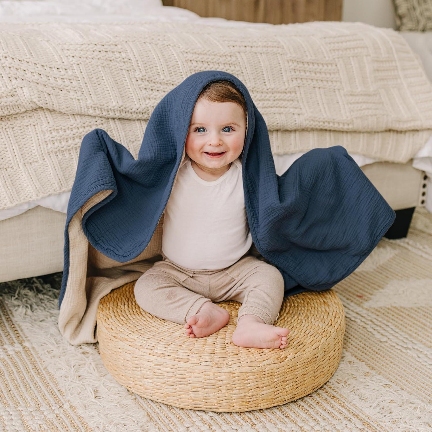 imageKonssy Muslin Baby Blankets for Girls Boys 100 Cotton Crib Blanket for Infant Toddler Super Soft and Lightweight Nursery Swaddling Wrap 40quotx36quot FloralNavy Blue