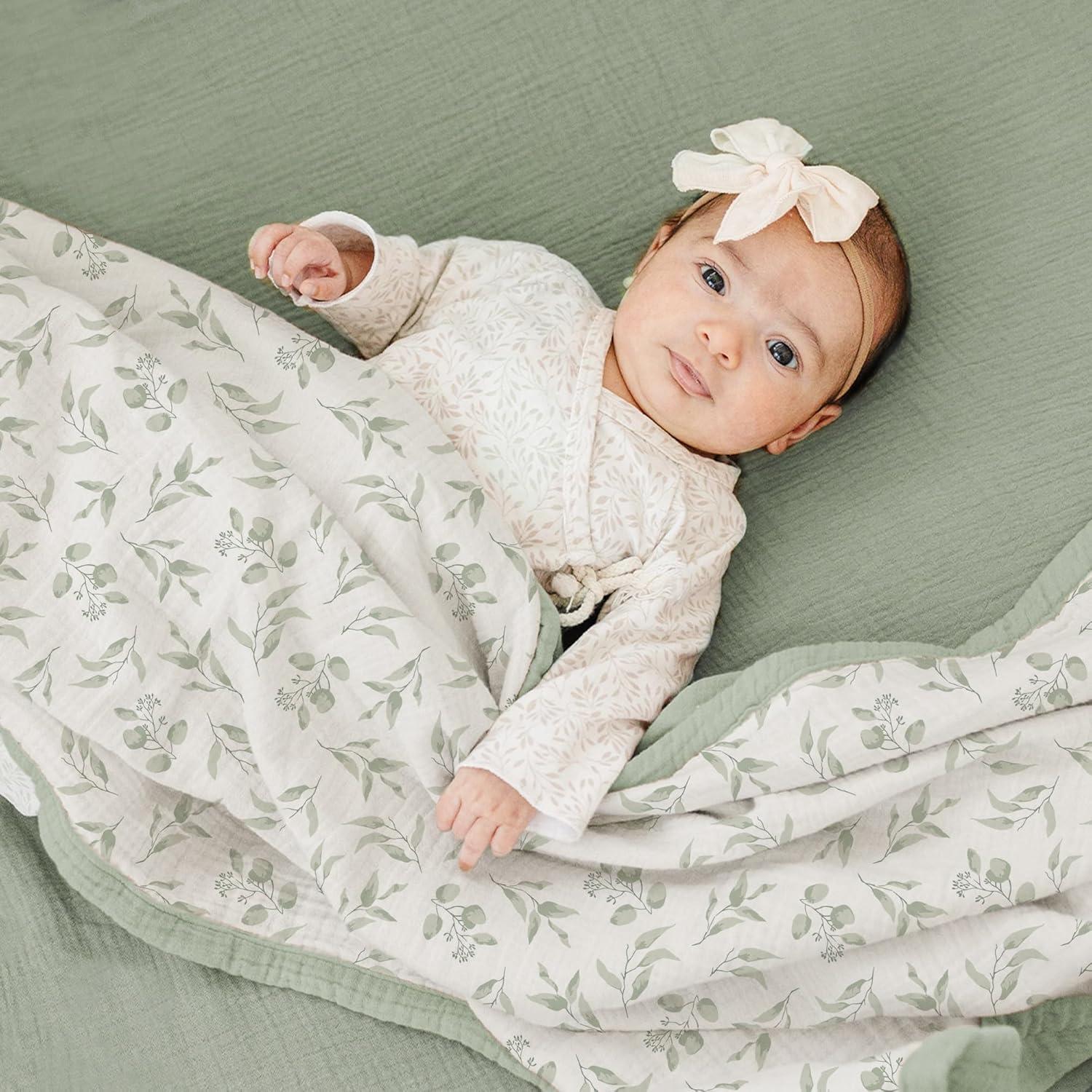 imageKonssy Muslin Baby Blankets for Girls Boys 100 Cotton Crib Blanket for Infant Toddler Super Soft and Lightweight Nursery Swaddling Wrap 40quotx36quot FloralGreen Leaves