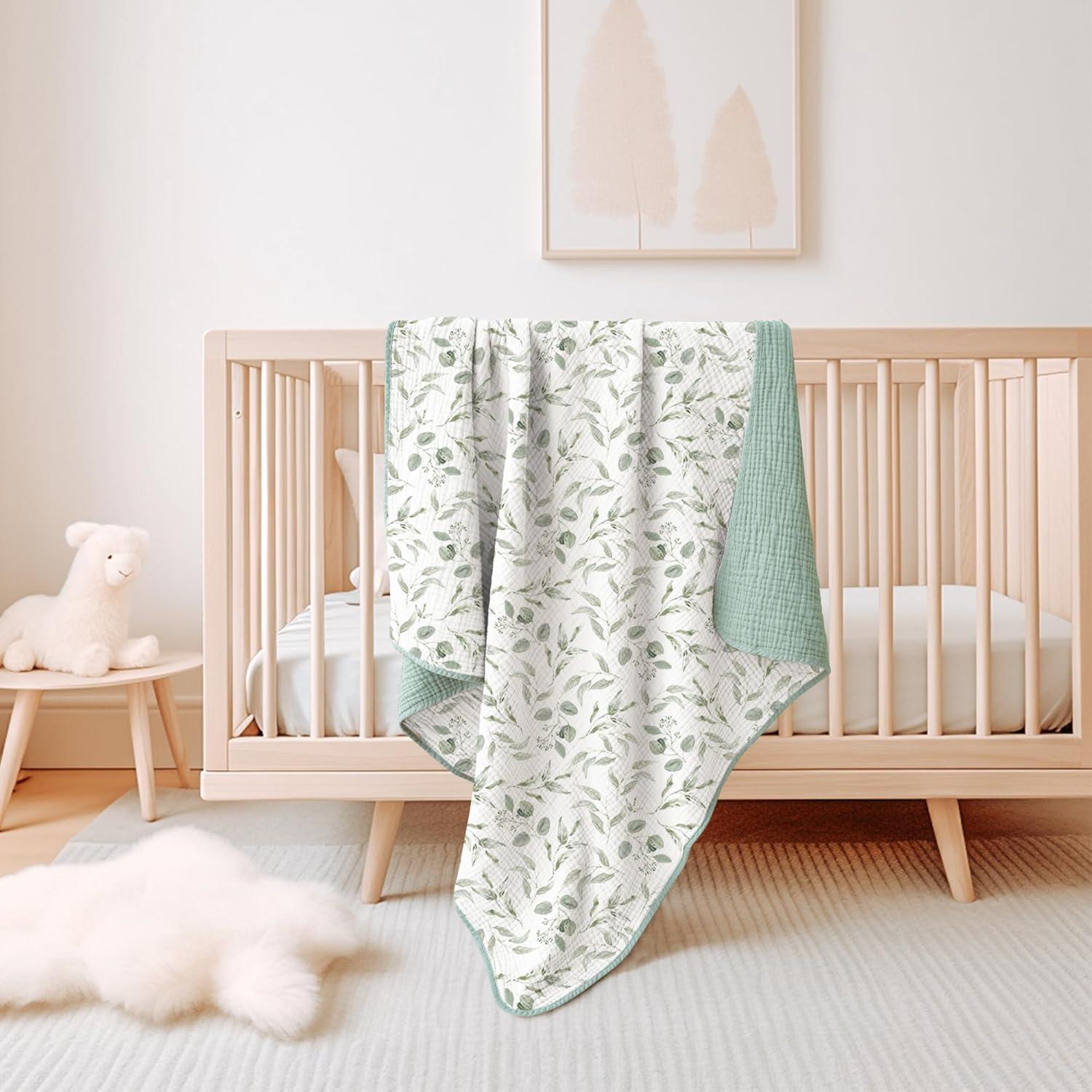 imageKonssy Muslin Baby Blankets for Girls Boys 100 Cotton Crib Blanket for Infant Toddler Super Soft and Lightweight Nursery Swaddling Wrap 40quotx36quot FloralGreen Leaves