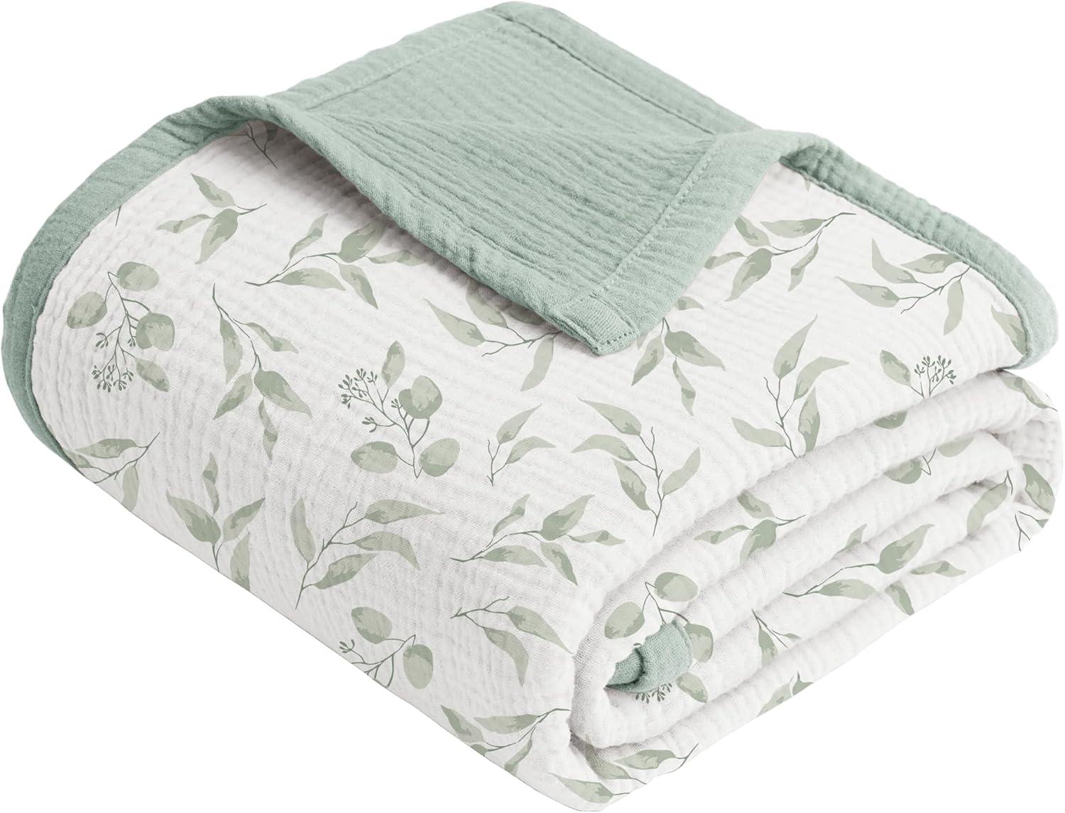 imageKonssy Muslin Baby Blankets for Girls Boys 100 Cotton Crib Blanket for Infant Toddler Super Soft and Lightweight Nursery Swaddling Wrap 40quotx36quot FloralGreen Leaves