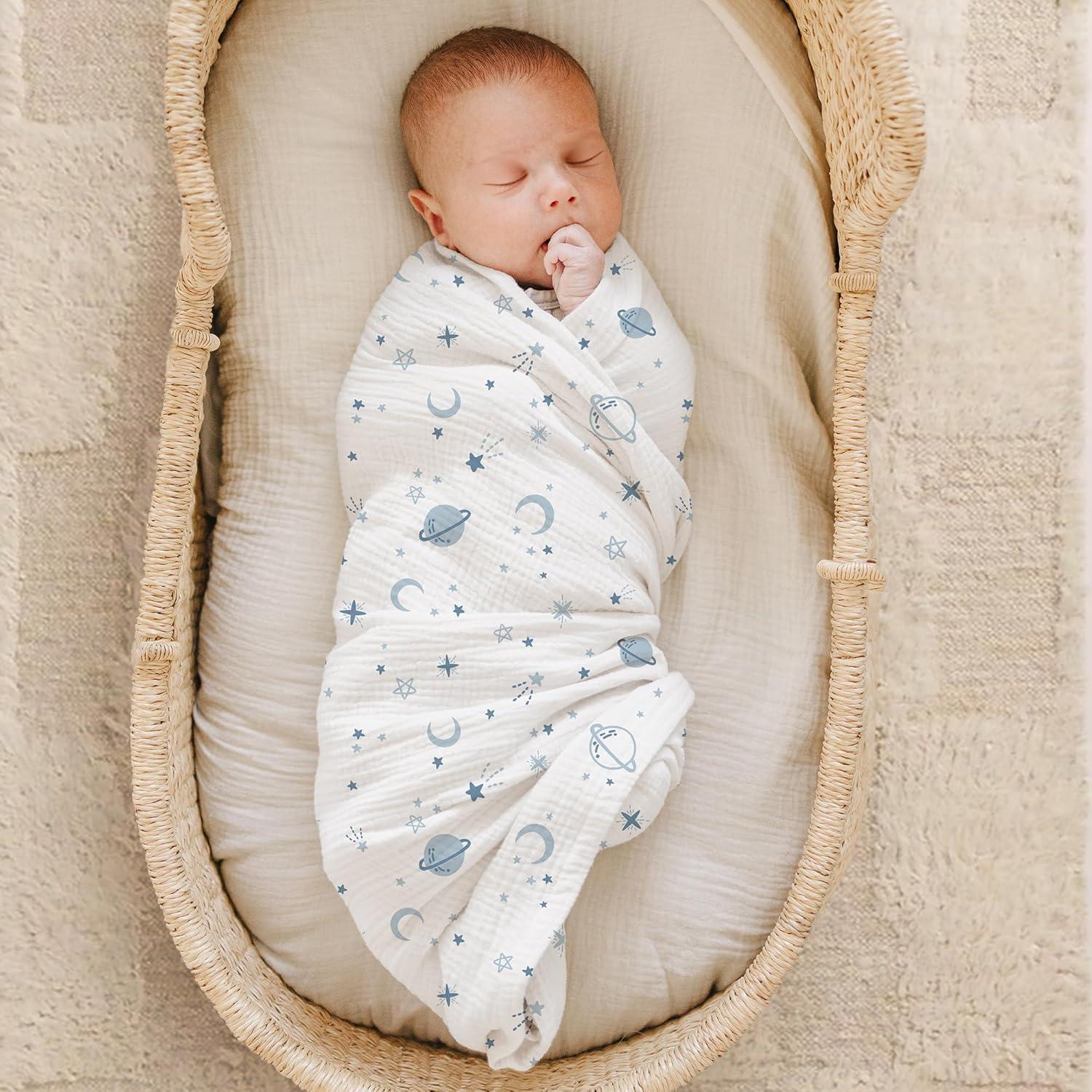 imageKonssy Muslin Swaddle Blankets for Boys Girls 2 Pack Receiving Baby Blanket Large 47 x 47 inches Soft Breathable Swaddling Wrap for Unisex Newborn Pink FloralStar blue