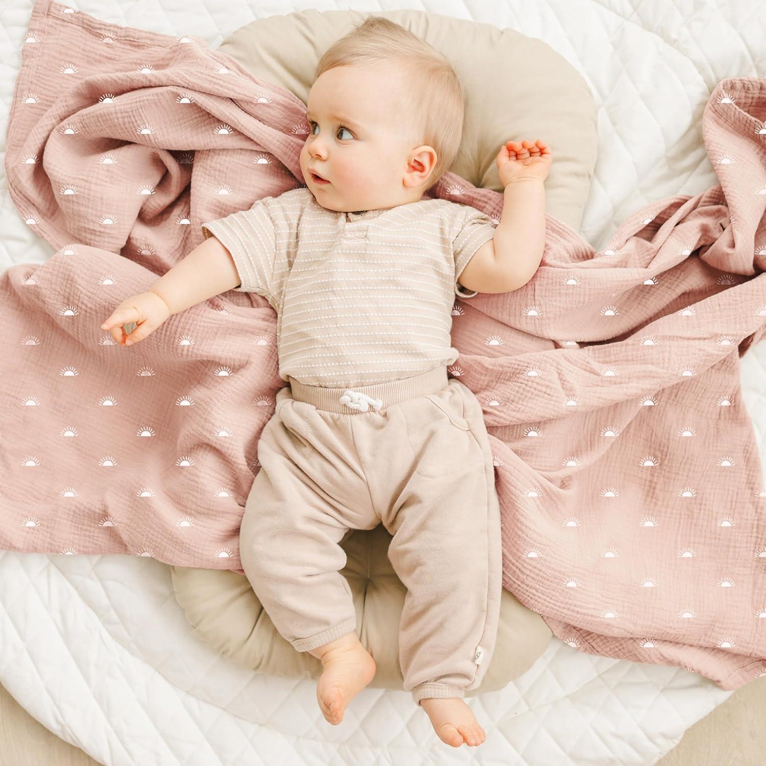 imageKonssy Muslin Swaddle Blankets for Boys Girls 2 Pack Receiving Baby Blanket Large 47 x 47 inches Soft Breathable Swaddling Wrap for Unisex Newborn Pink FloralPeach Blossom Sun
