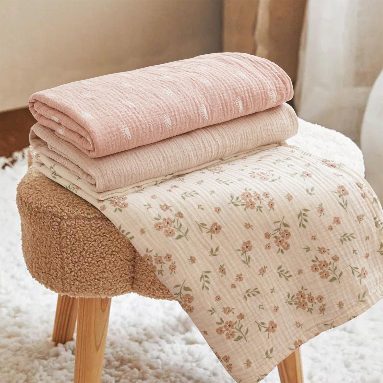 imageKonssy Muslin Swaddle Blankets for Boys Girls 2 Pack Receiving Baby Blanket Large 47 x 47 inches Soft Breathable Swaddling Wrap for Unisex Newborn Pink FloralPeach Blossom Sun
