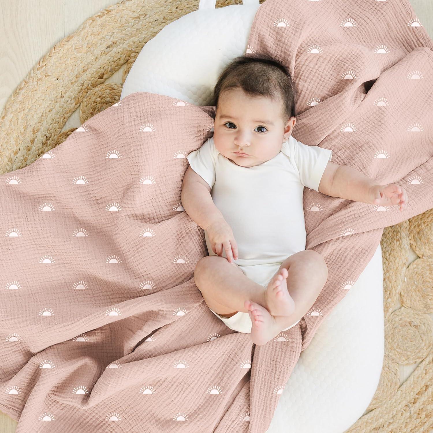 imageKonssy Muslin Swaddle Blankets for Boys Girls 2 Pack Receiving Baby Blanket Large 47 x 47 inches Soft Breathable Swaddling Wrap for Unisex Newborn Pink FloralPink Sun  Khaki Leaf