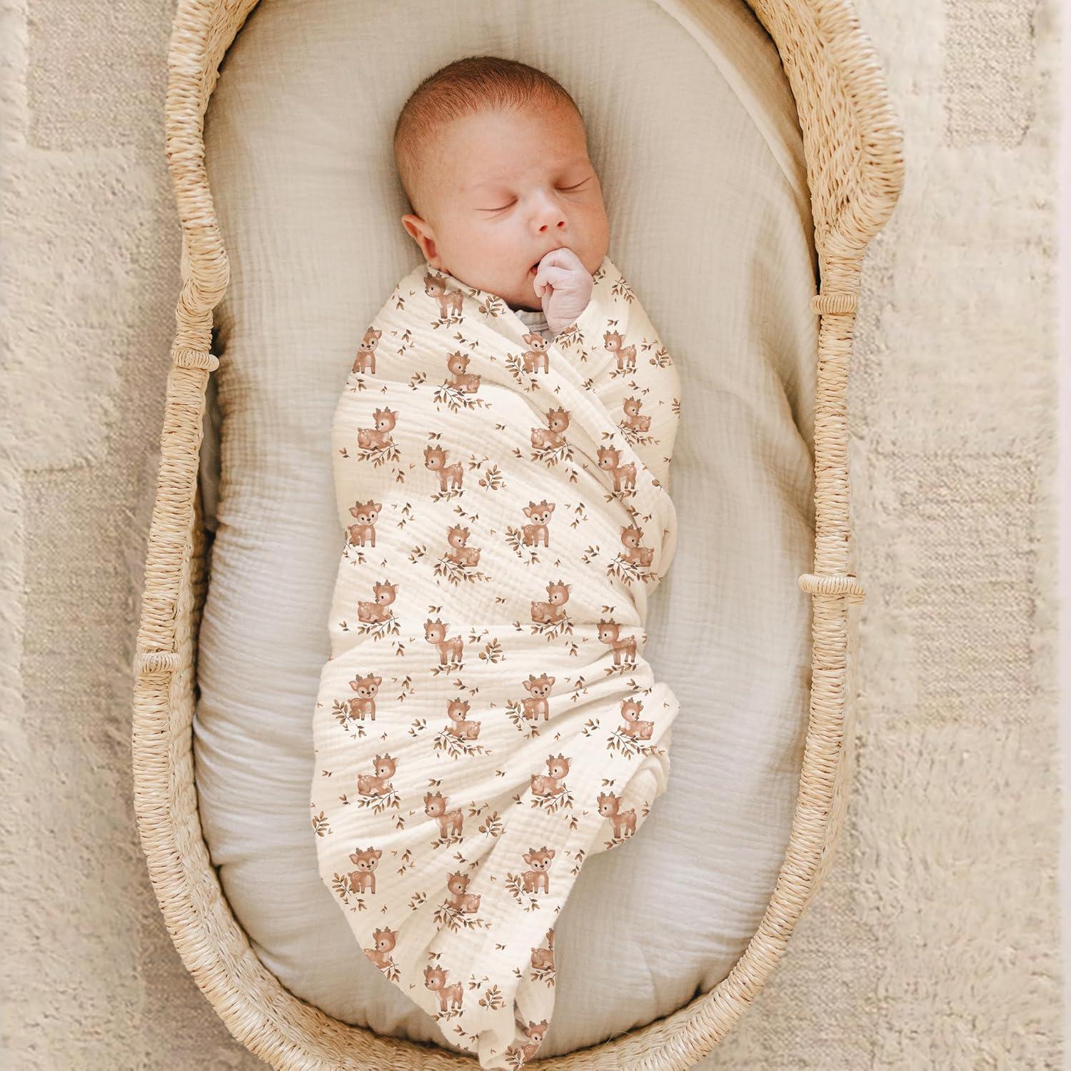 imageKonssy Muslin Swaddle Blankets for Boys Girls 2 Pack Receiving Baby Blanket Large 47 x 47 inches Soft Breathable Swaddling Wrap for Unisex Newborn Pink FloralDeer wheat