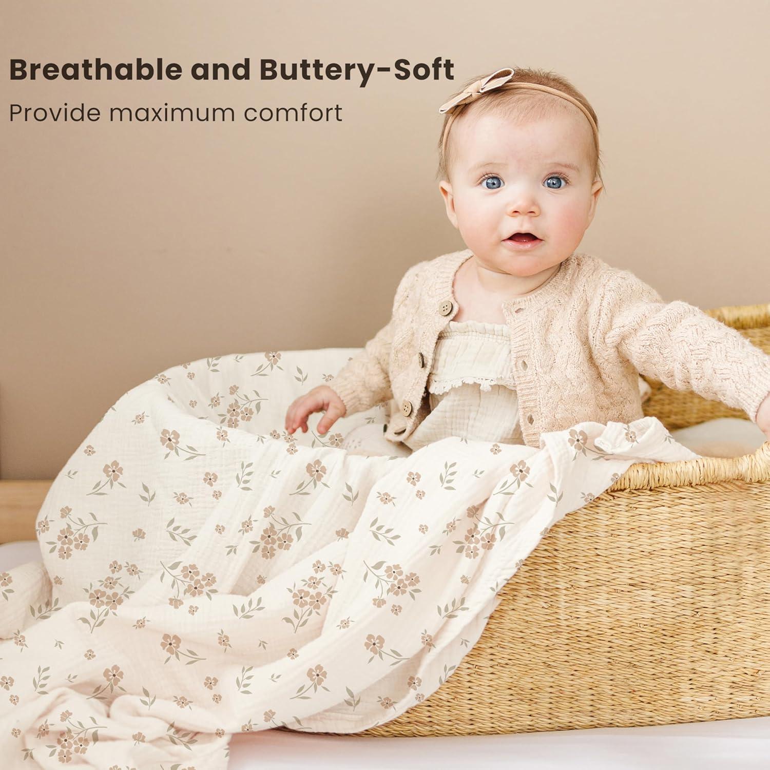 imageKonssy Muslin Swaddle Blankets for Boys Girls 2 Pack Receiving Baby Blanket Large 47 x 47 inches Soft Breathable Swaddling Wrap for Unisex Newborn Pink FloralPeach Blossom Sun