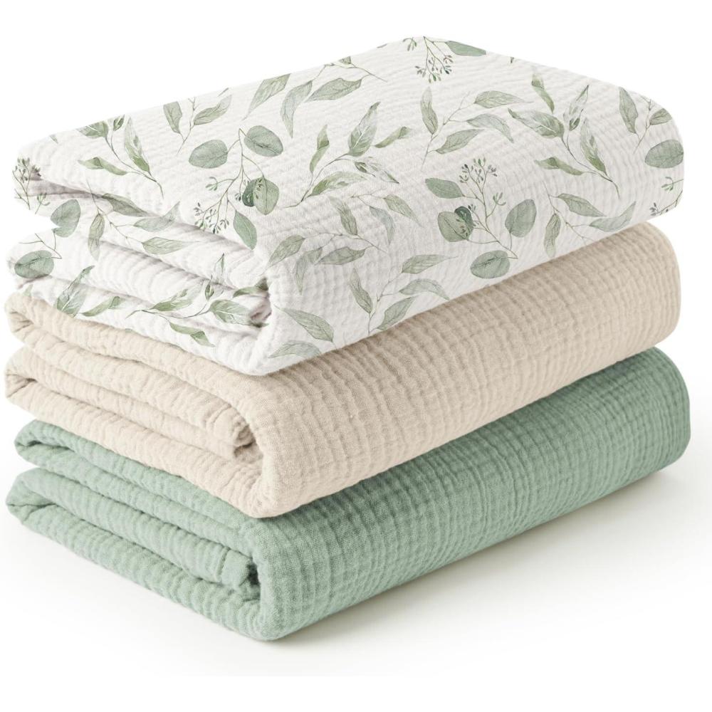 imageKonssy 3 Pack Muslin Swaddle Blankets for Unisex Newborn Receiving Blanket Large 47 x 47 inches Soft Breathable Muslin Baby Swaddles for Boys ampamp GirlsGreen Leaves