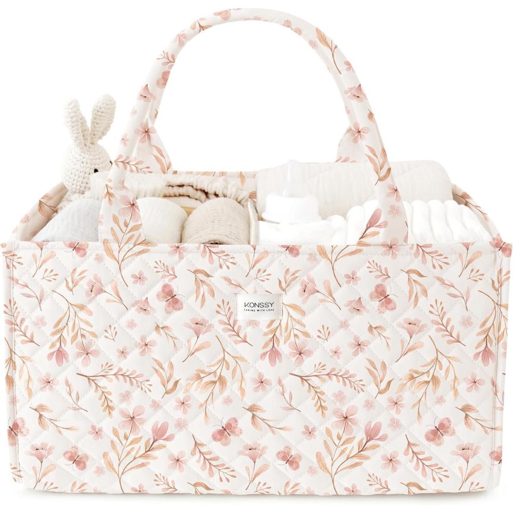 imageKonssy Baby Diaper Bag Caddy Organizer Nappy Bag Newborn Baby Essentials Gift for Baby Shower Baby Registry Portable Nursey Basket with Removable Divider Must Haves for Baby Girls and BoysPink Spring