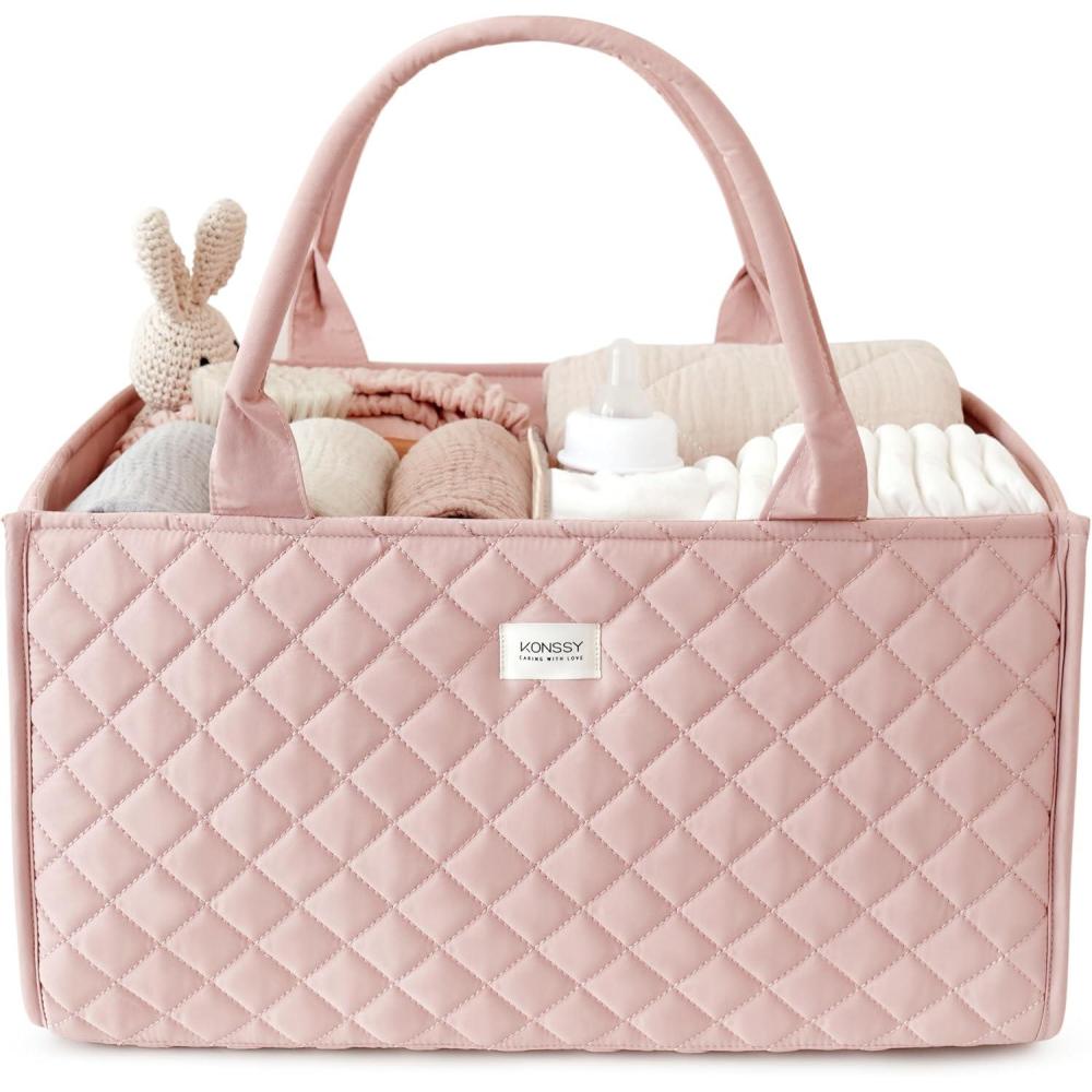 imageKonssy Baby Diaper Caddy Organizer with Removable Divider Portable Diaper Bag Newborn Essentials Gift for Baby Shower and Registry Nursey Basket Tote Bag Must Have for MomsPink