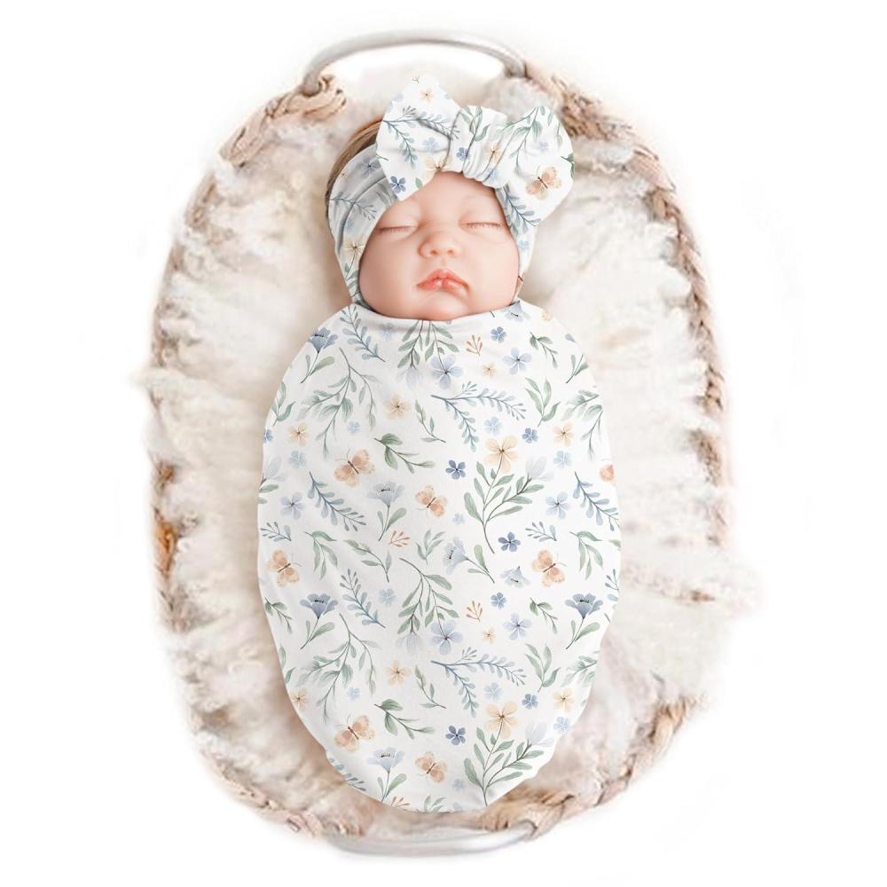 imageKonssy Baby Girl Newborn Receiving Blanket with Headband Set Baby Swaddle Nursery Swaddle WrapBlue Grass