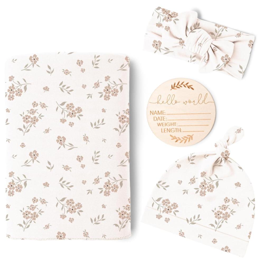 imageKonssy Baby Girl Newborn Receiving Blanket with Matching Headband and Beanie Set Baby Swaddle Nursery Swaddle WrapBlossom