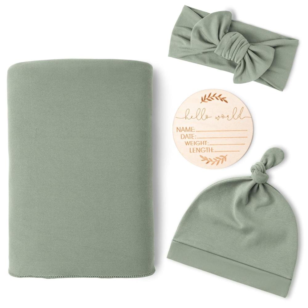 imageKonssy Baby Girl Newborn Receiving Blanket with Matching Headband and Beanie Set Baby Swaddle Nursery Swaddle WrapFog Green