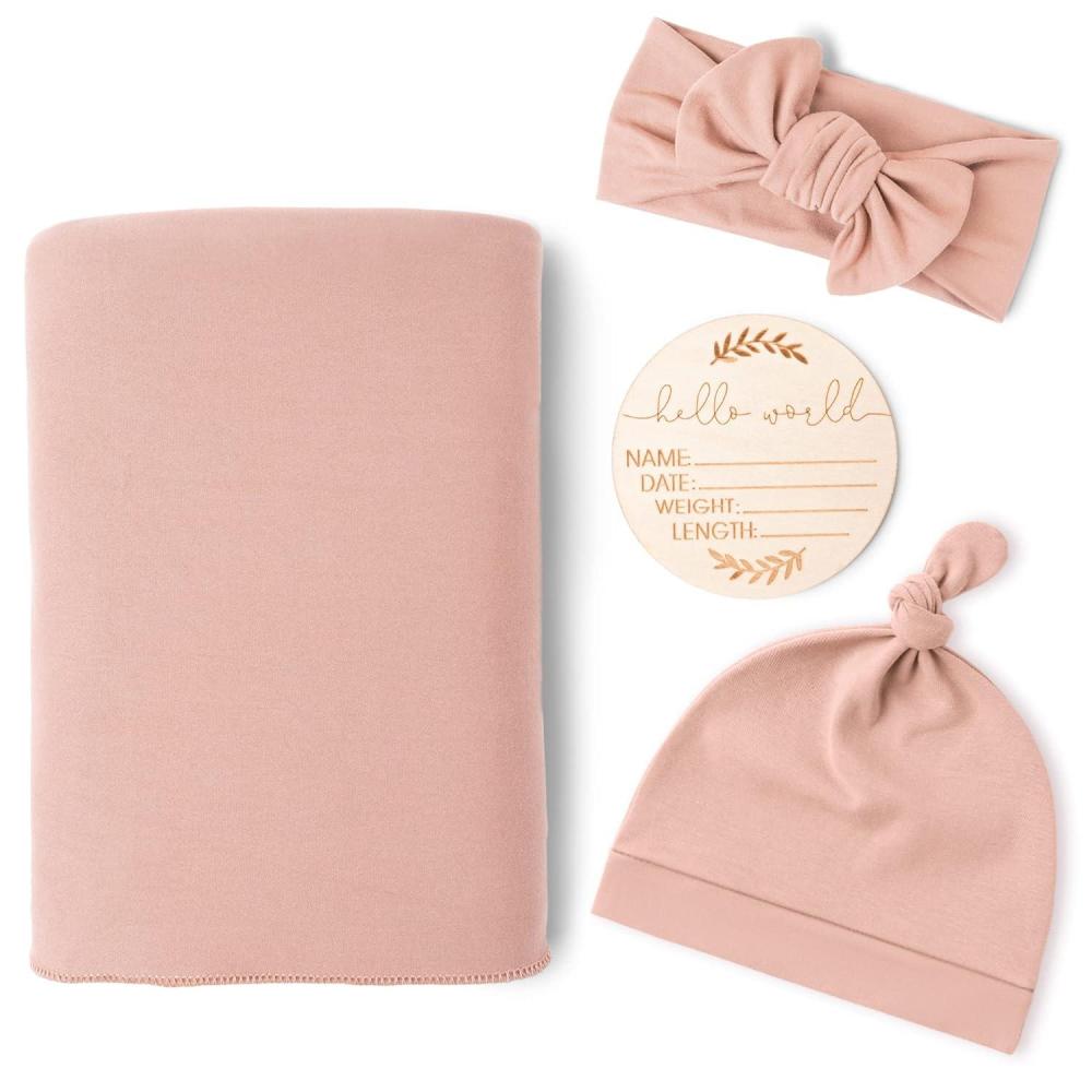 imageKonssy Baby Girl Newborn Receiving Blanket with Matching Headband and Beanie Set Baby Swaddle Nursery Swaddle WrapMillenial Pink