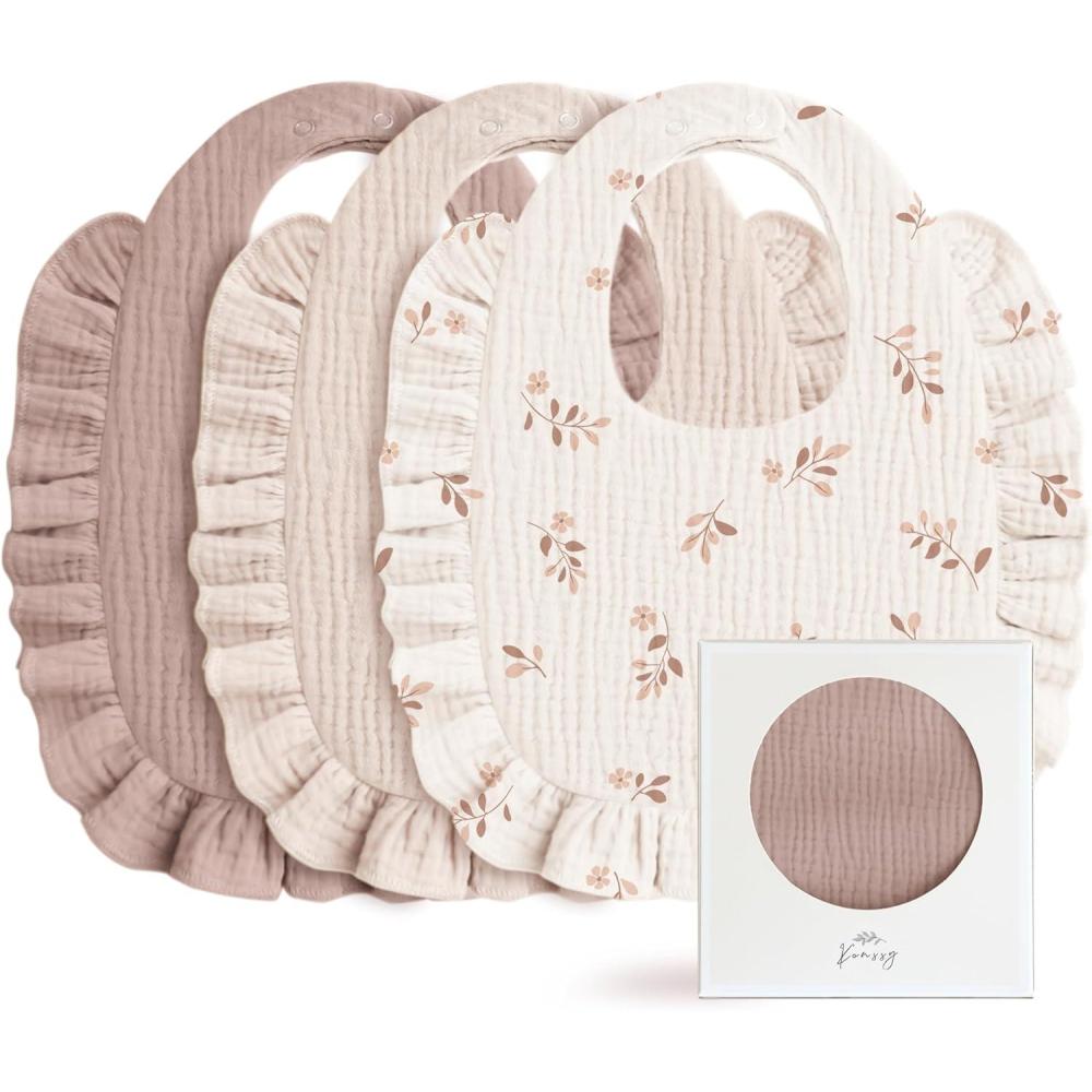 imageKonssy Muslin Baby Bibs for Girls  Soft 100 Cotton Drool Bibs Ruffle Trim for Newborns ampamp Toddlers 036 Months 3Pack