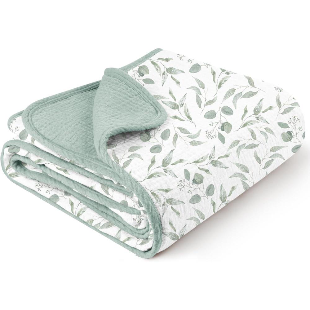imageKonssy Muslin Baby Blankets for Girls Boys 100 Cotton Crib Blanket for Infant Toddler Super Soft and Lightweight Nursery Swaddling Wrap 40quotx36quot FloralGreen Leaves