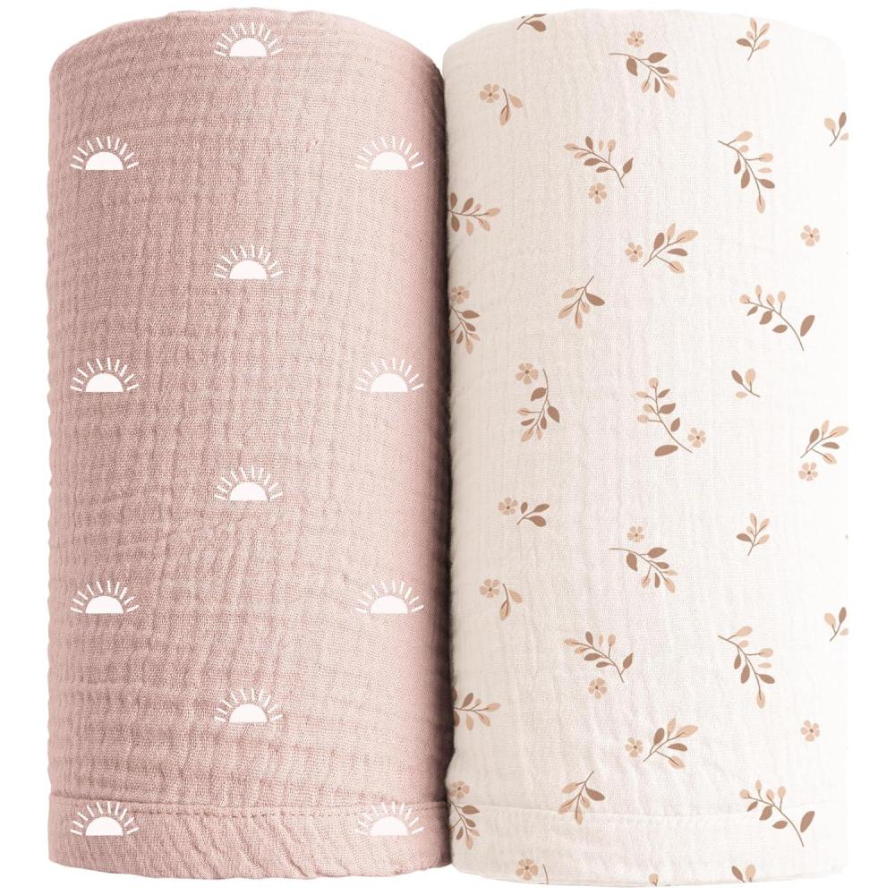 imageKonssy Muslin Swaddle Blankets for Boys Girls 2 Pack Receiving Baby Blanket Large 47 x 47 inches Soft Breathable Swaddling Wrap for Unisex Newborn Pink FloralPink Sun  Khaki Leaf