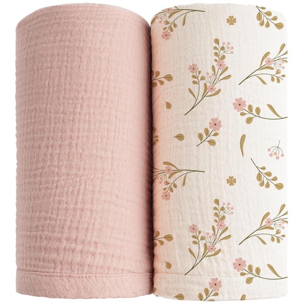 imageKonssy Muslin Swaddle Blankets for Boys Girls 2 Pack Receiving Baby Blanket Large 47 x 47 inches Soft Breathable Swaddling Wrap for Unisex Newborn Pink FloralPink  Floral