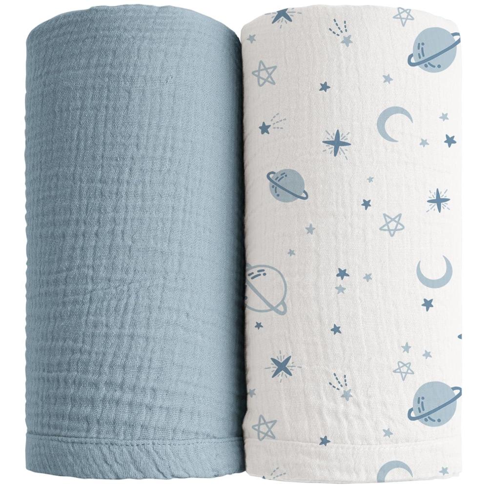 imageKonssy Muslin Swaddle Blankets for Boys Girls 2 Pack Receiving Baby Blanket Large 47 x 47 inches Soft Breathable Swaddling Wrap for Unisex Newborn Pink FloralStar blue