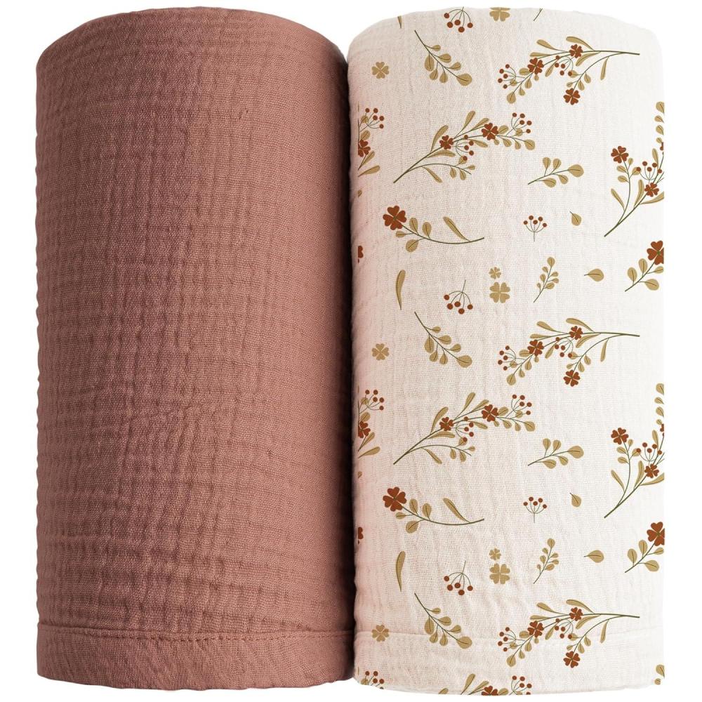 imageKonssy Muslin Swaddle Blankets for Boys Girls 2 Pack Receiving Baby Blanket Large 47 x 47 inches Soft Breathable Swaddling Wrap for Unisex Newborn Pink FloralChestnut  Floral