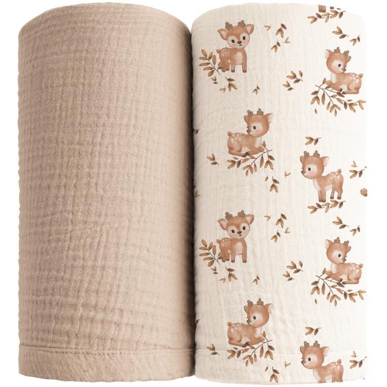 imageKonssy Muslin Swaddle Blankets for Boys Girls 2 Pack Receiving Baby Blanket Large 47 x 47 inches Soft Breathable Swaddling Wrap for Unisex Newborn Pink FloralDeer wheat